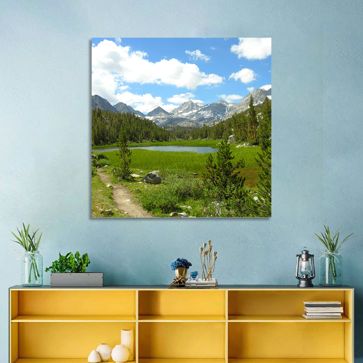 Sierra Nevada Trail to Snow Capped Peaks Wall Art in a room, square