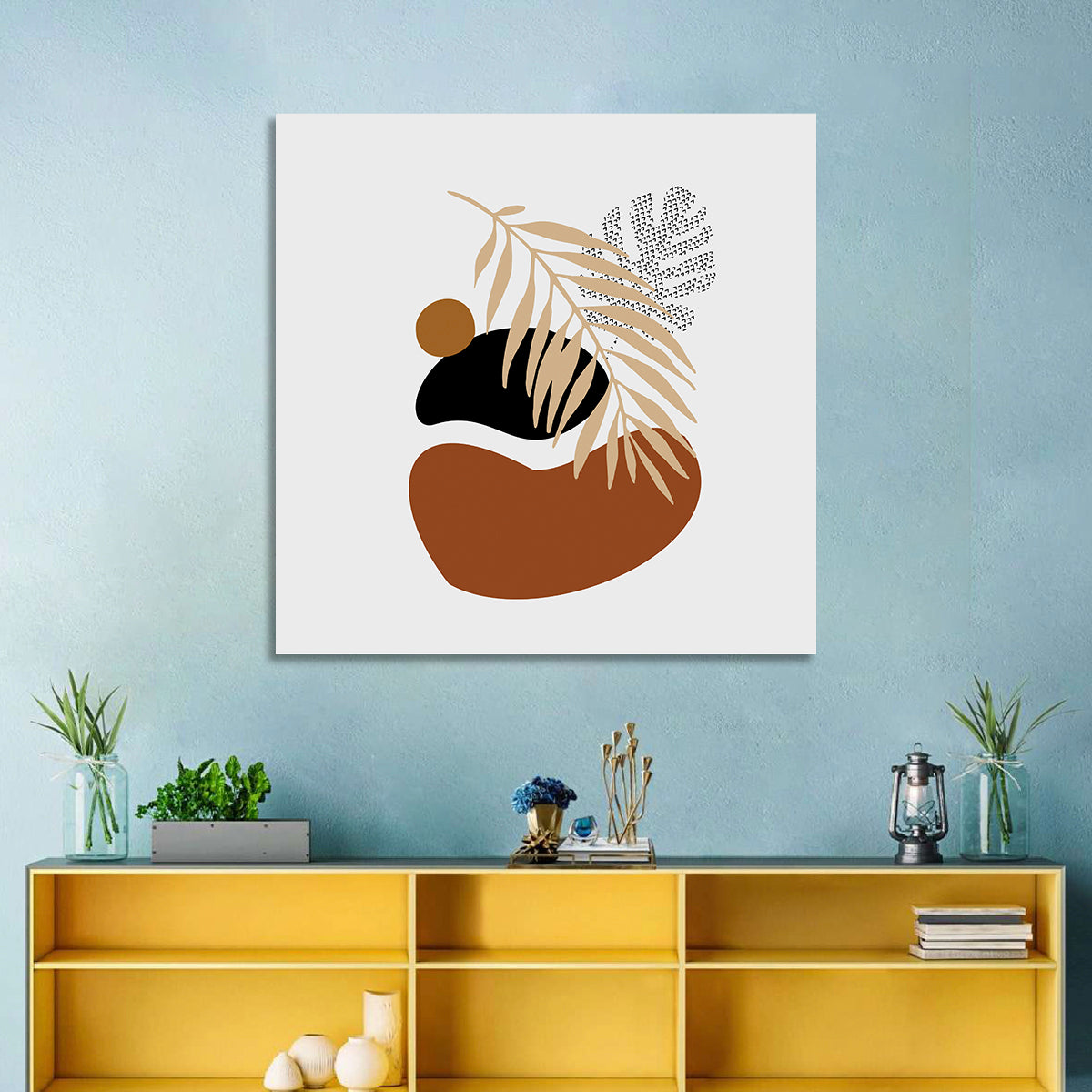 Tropical Stones Palm Leaf Wall Art in a room, square