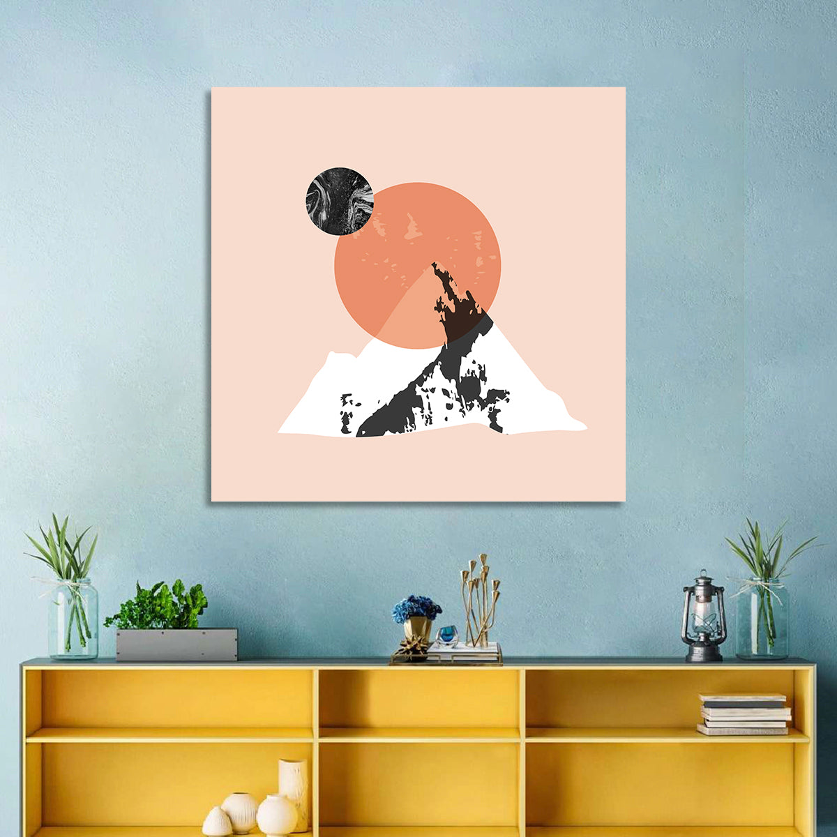 Abstract Mountain Sun and Moon Wall Art in a room, square