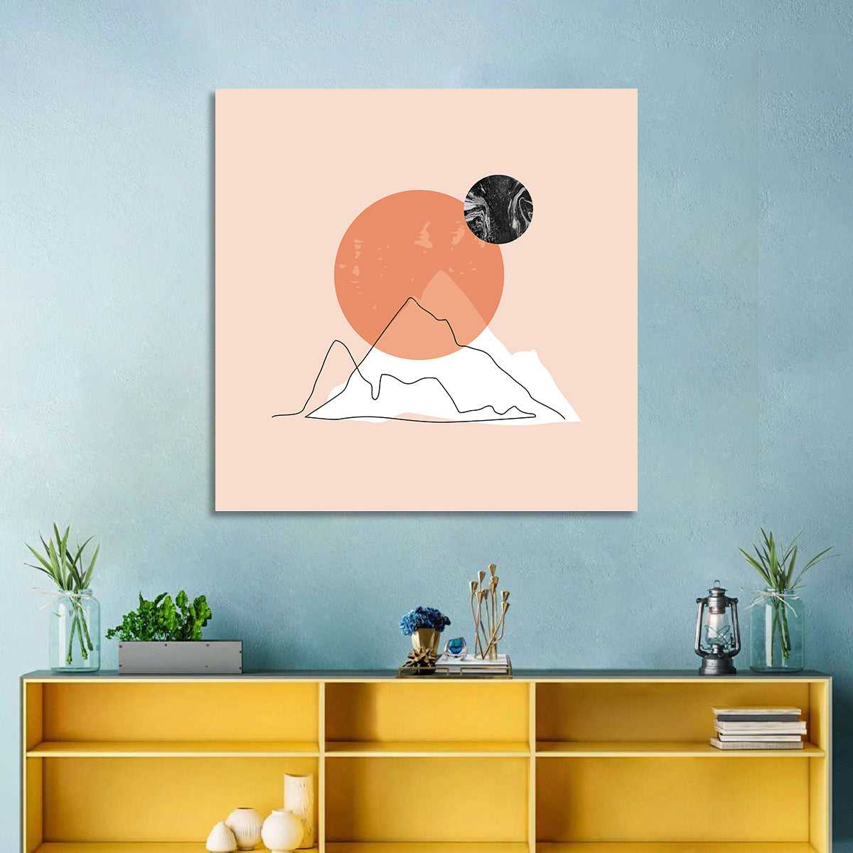 Mountain Peak and Sun Wall Art in a room, square
