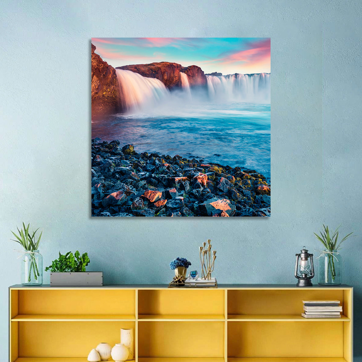 Goðafoss Waterfall at Sunset Wall Art in a room, square
