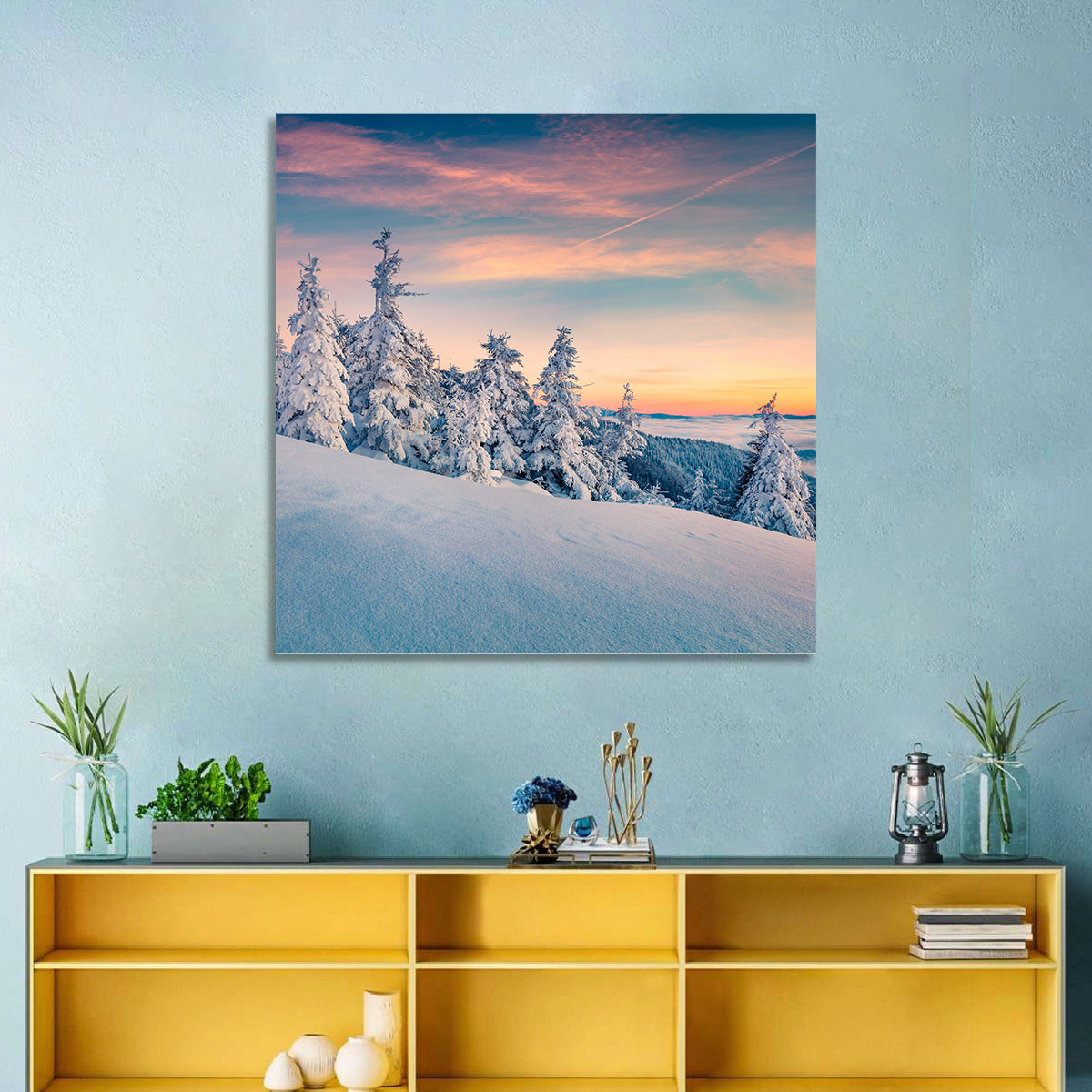 Snowy Carpathian Sunset Wall Art in a room, square