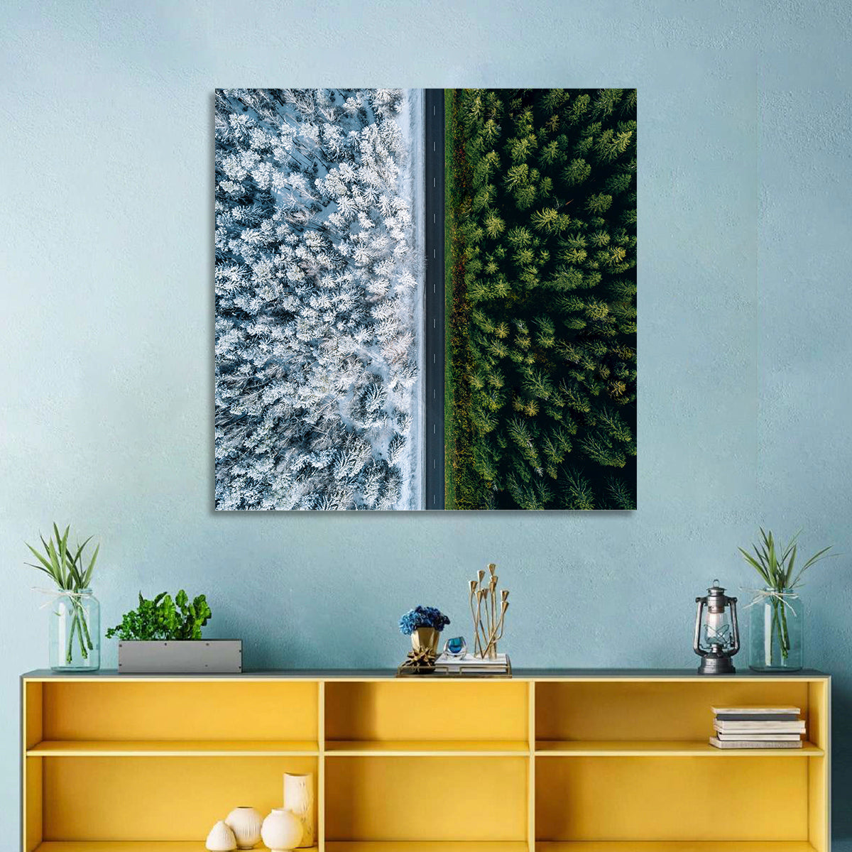 Summer and Winter Forests Wall Art in a room, square