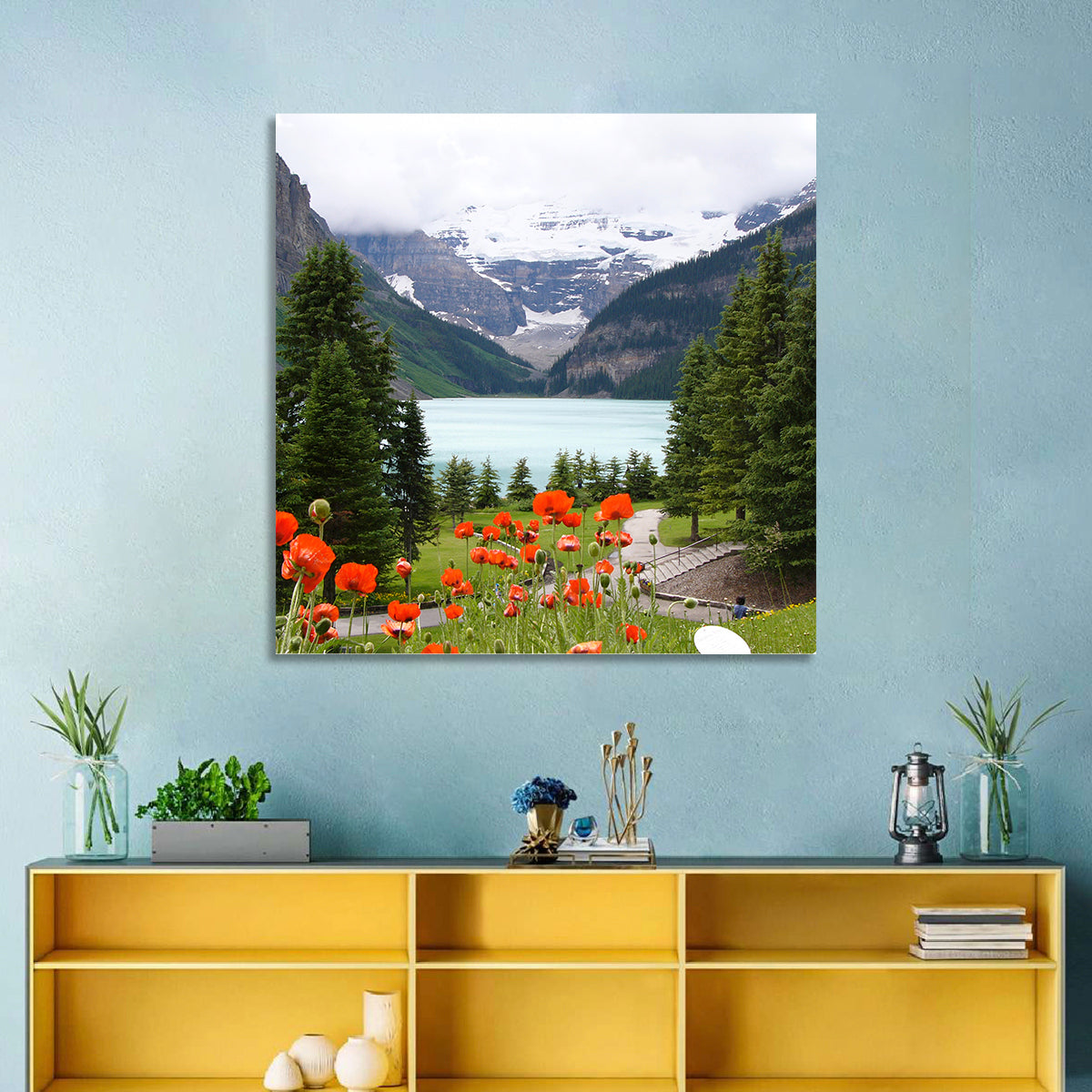 Lake Louise Poppies Wall Art in a room, square