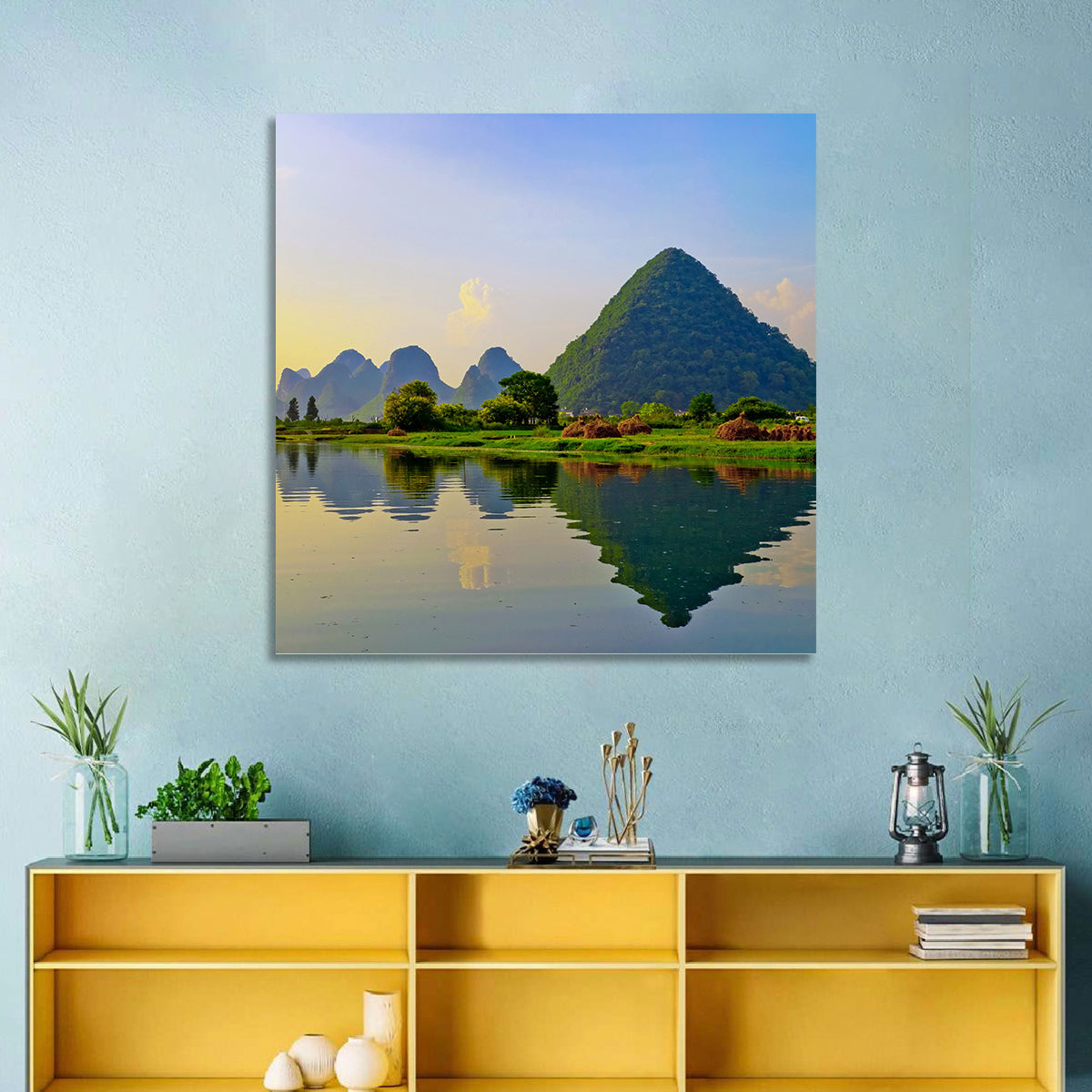 Yangshuo Reflection on Li River Wall Art in a room, square