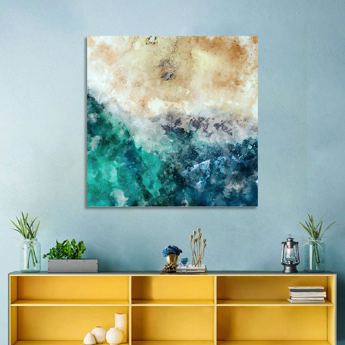 Aerial Beach Abstract Wall Art in a room, square