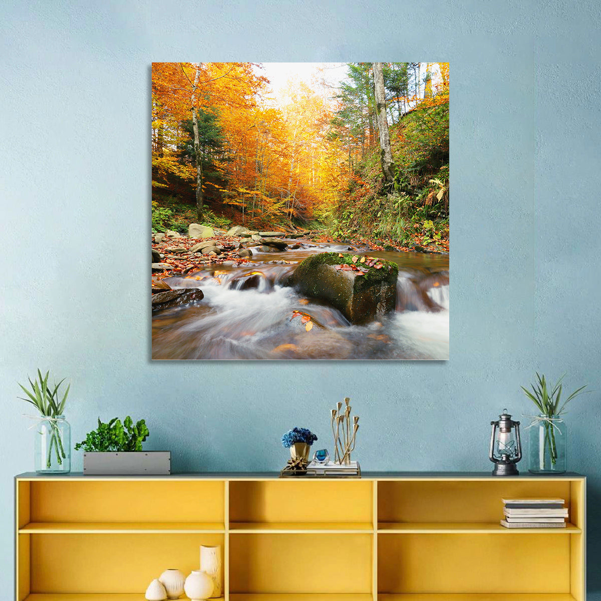 Forest Stream in Autumn Wall Art in a room, square