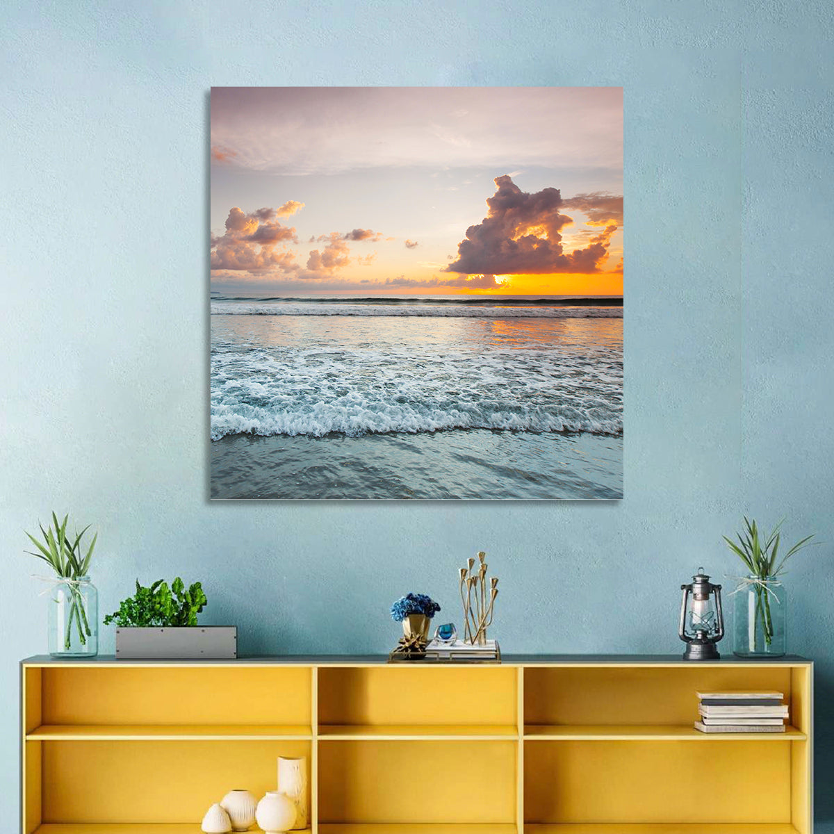 Golden Hour Beach Sunset Surf Wall Art in a room, square