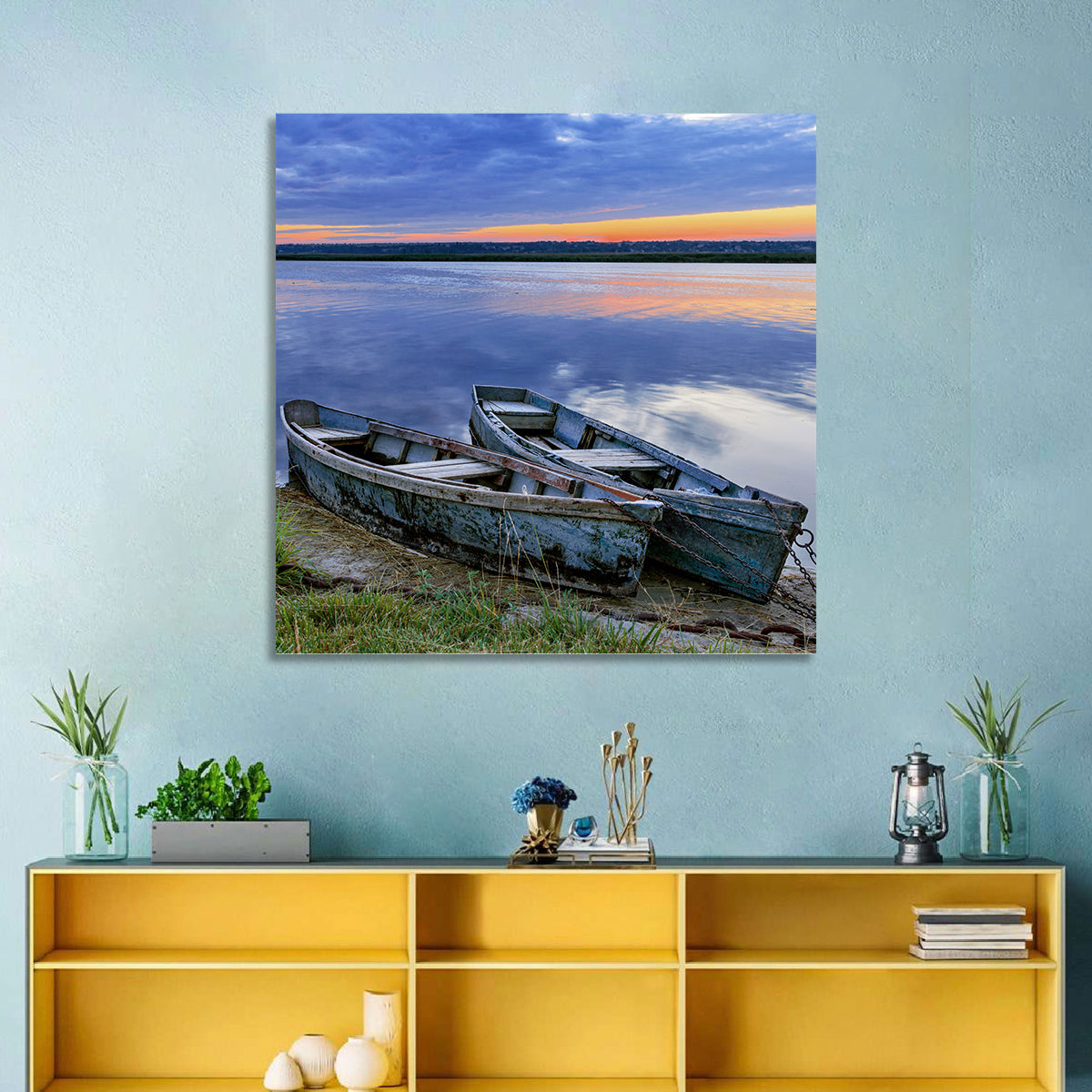 Chained Rowboats at Dusk Wall Art in a room, square