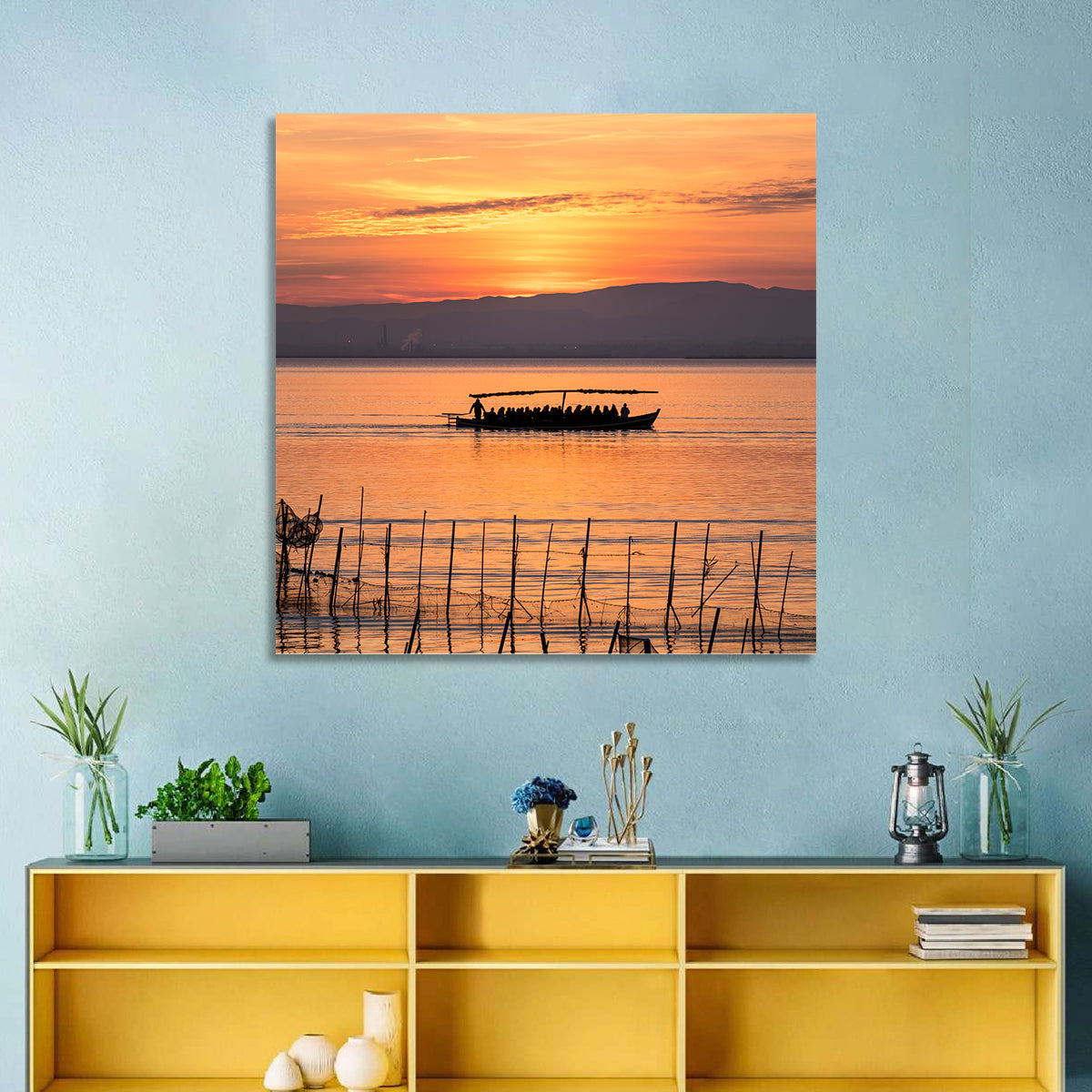 Albufera Sunrise Boat Silhouette Wall Art in a room, square
