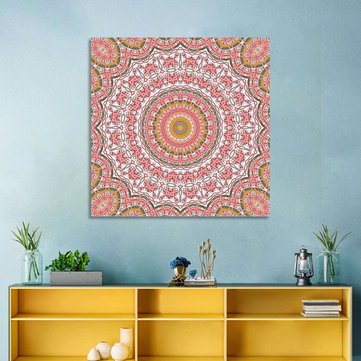 Pink Mosaic Mandala Wall Art in a room, square