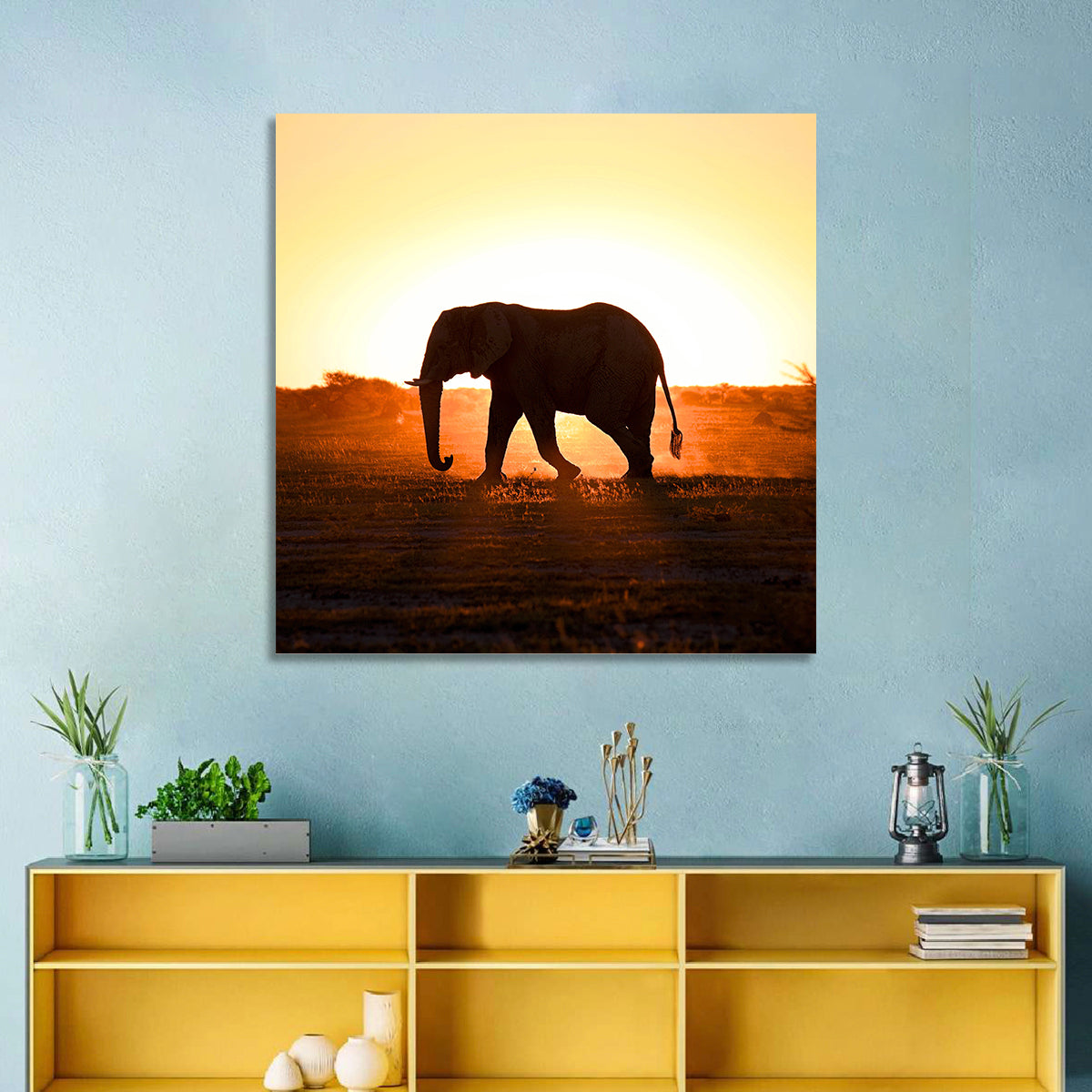 Golden Hour Elephant Silhouette Wall Art in a room, square
