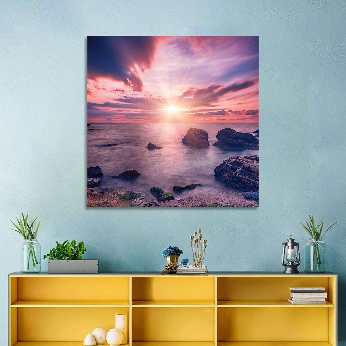 Ethereal Sea Sunrise Wall Art in a room, square