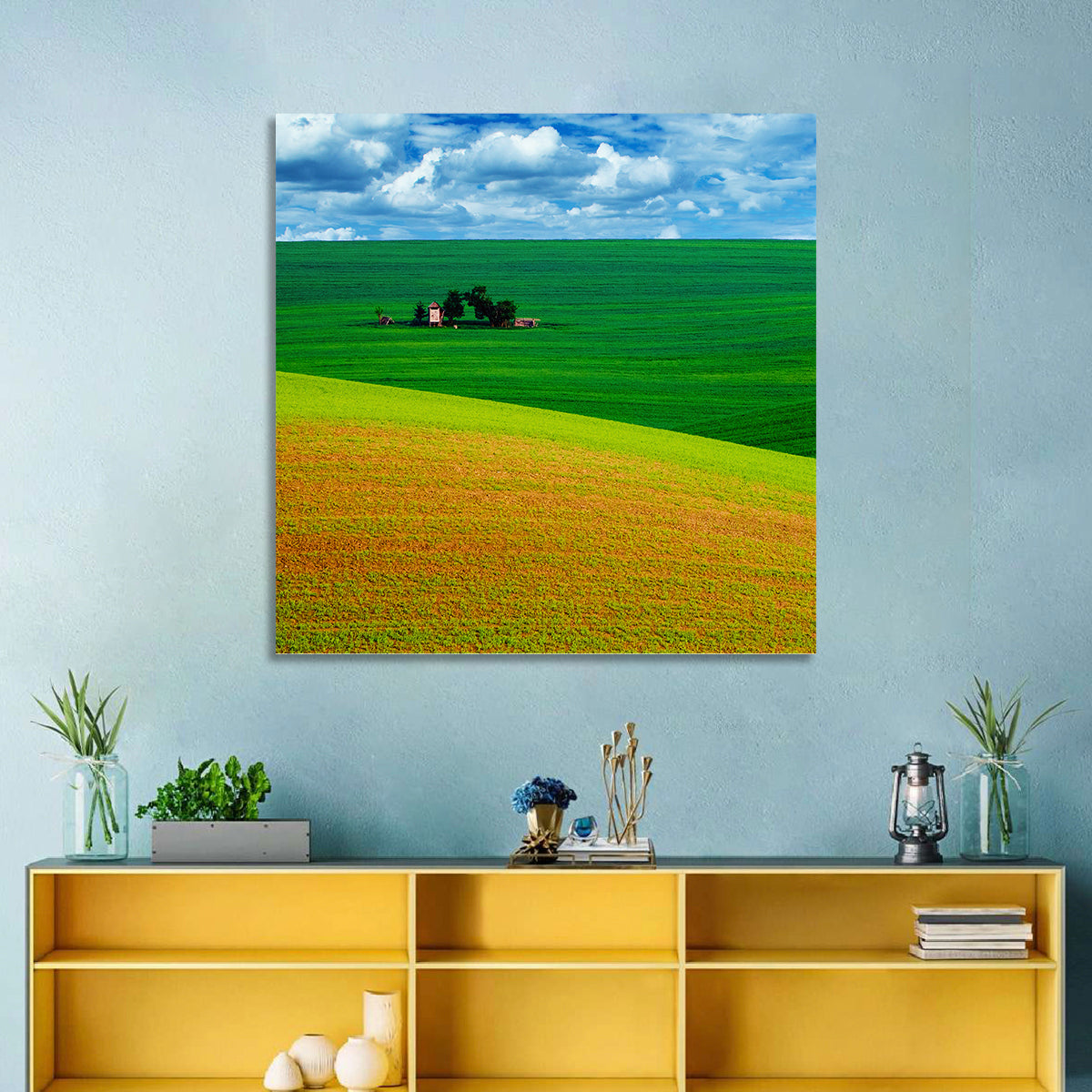 Golden Field and Green Hillside Wall Art in a room, square