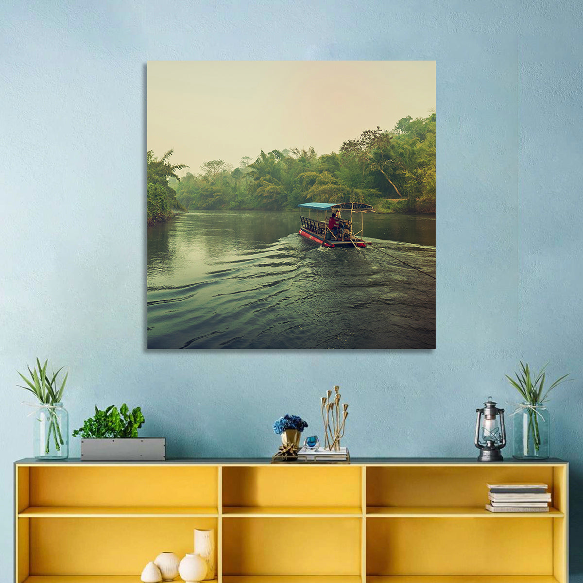 Misty Long-tail Boat on River Kwai Wall Art in a room, square