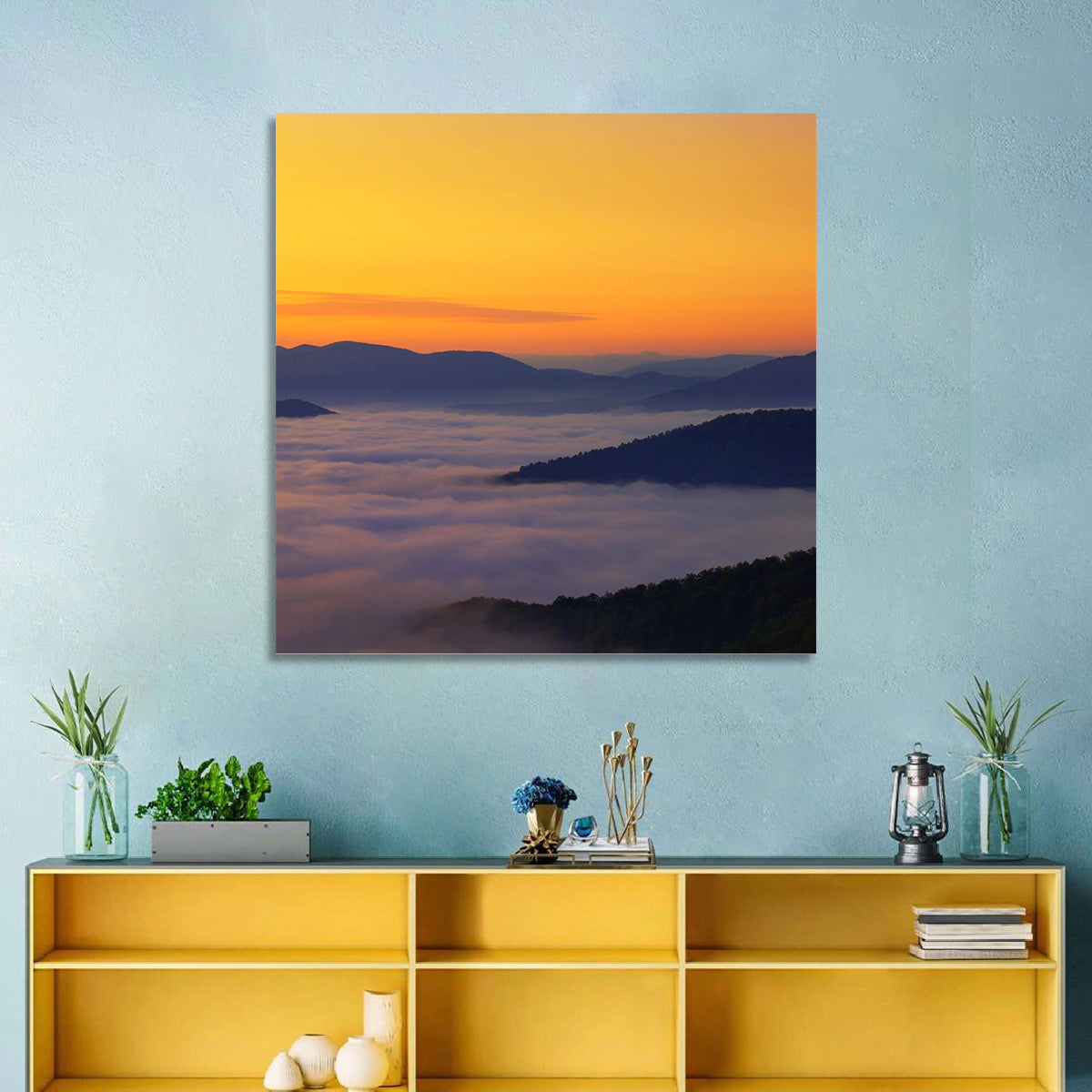 Cloud Sea Over Mountains at Golden Dawn Wall Art in a room, square