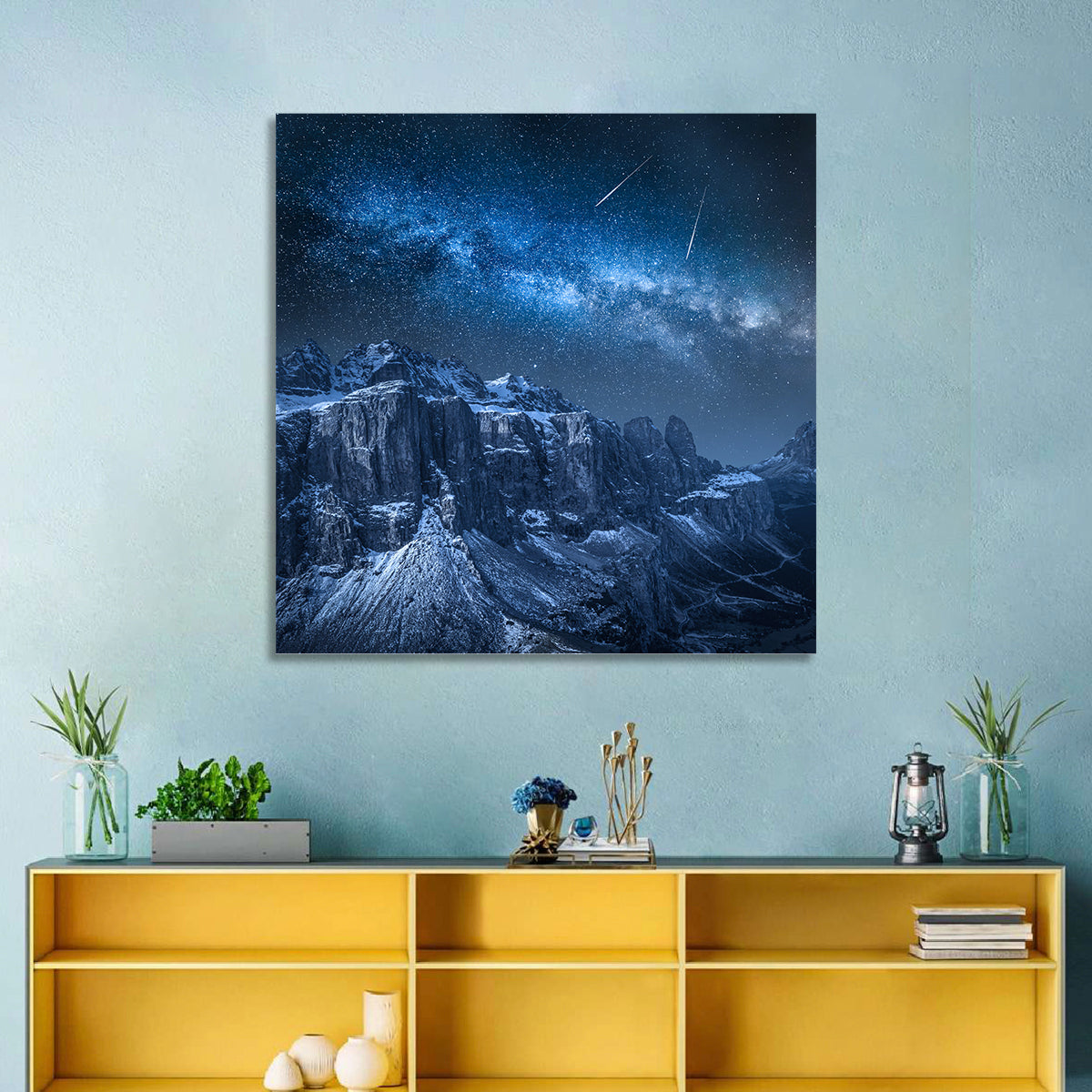 Milky Way Over Snowy Dolomites Wall Art in a room, square