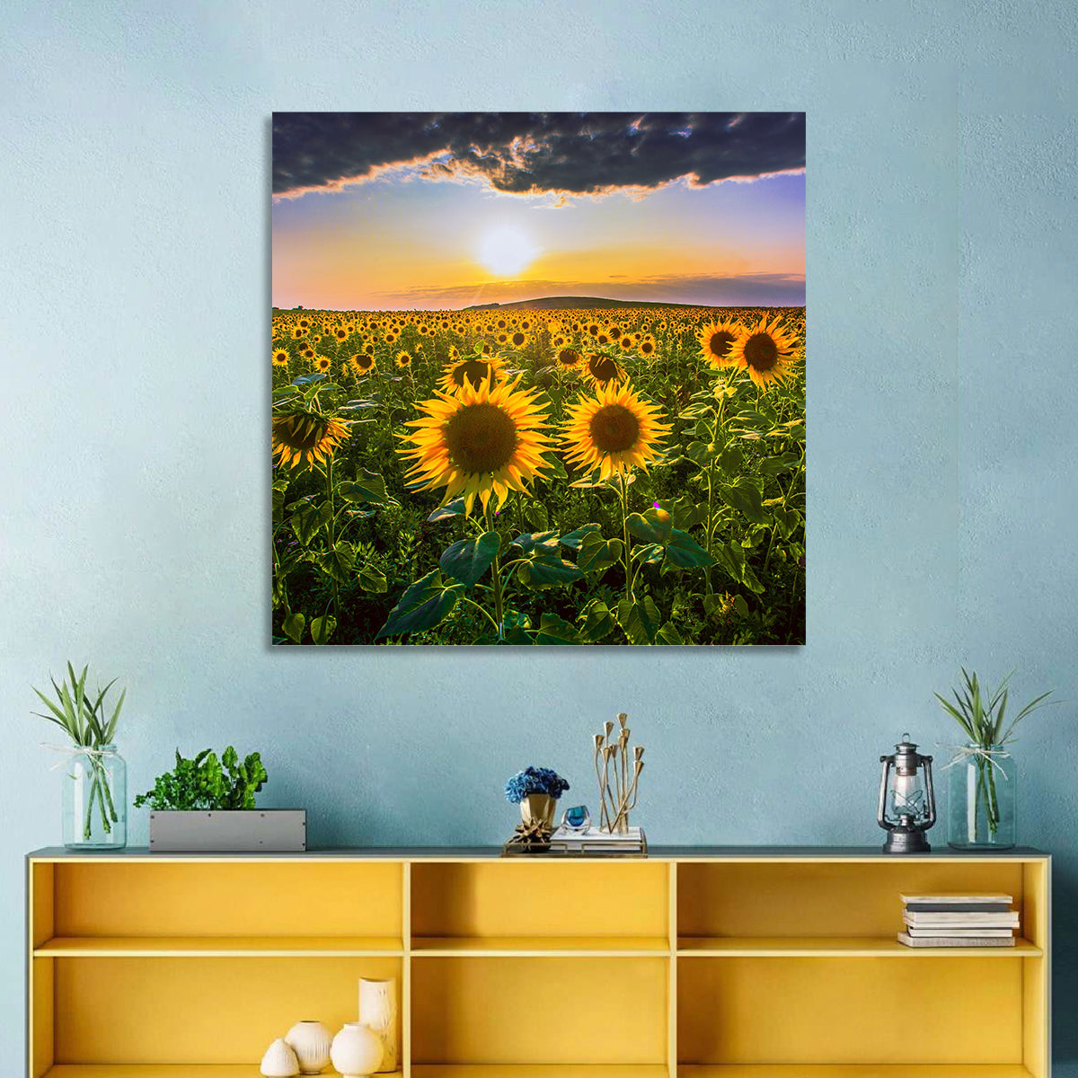 Sunflower Field at Golden Hour Wall Art in a room, square