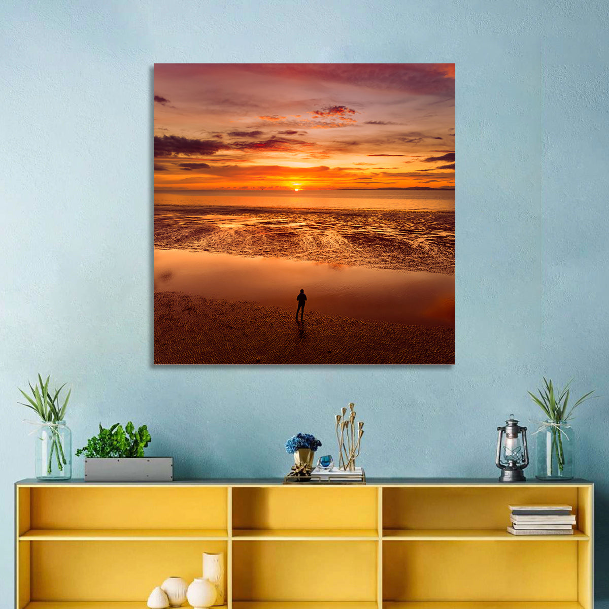 Solitary Figure on Sunset Shore Wall Art in a room, square