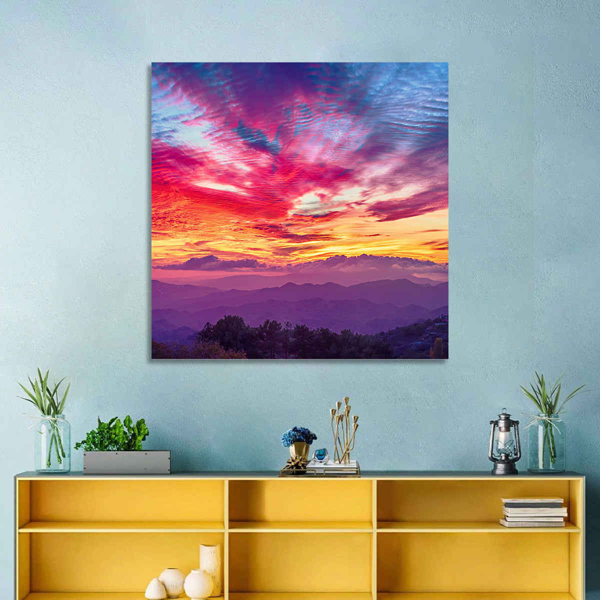 Golden Dusk Cloud Mountains Wall Art in a room, square