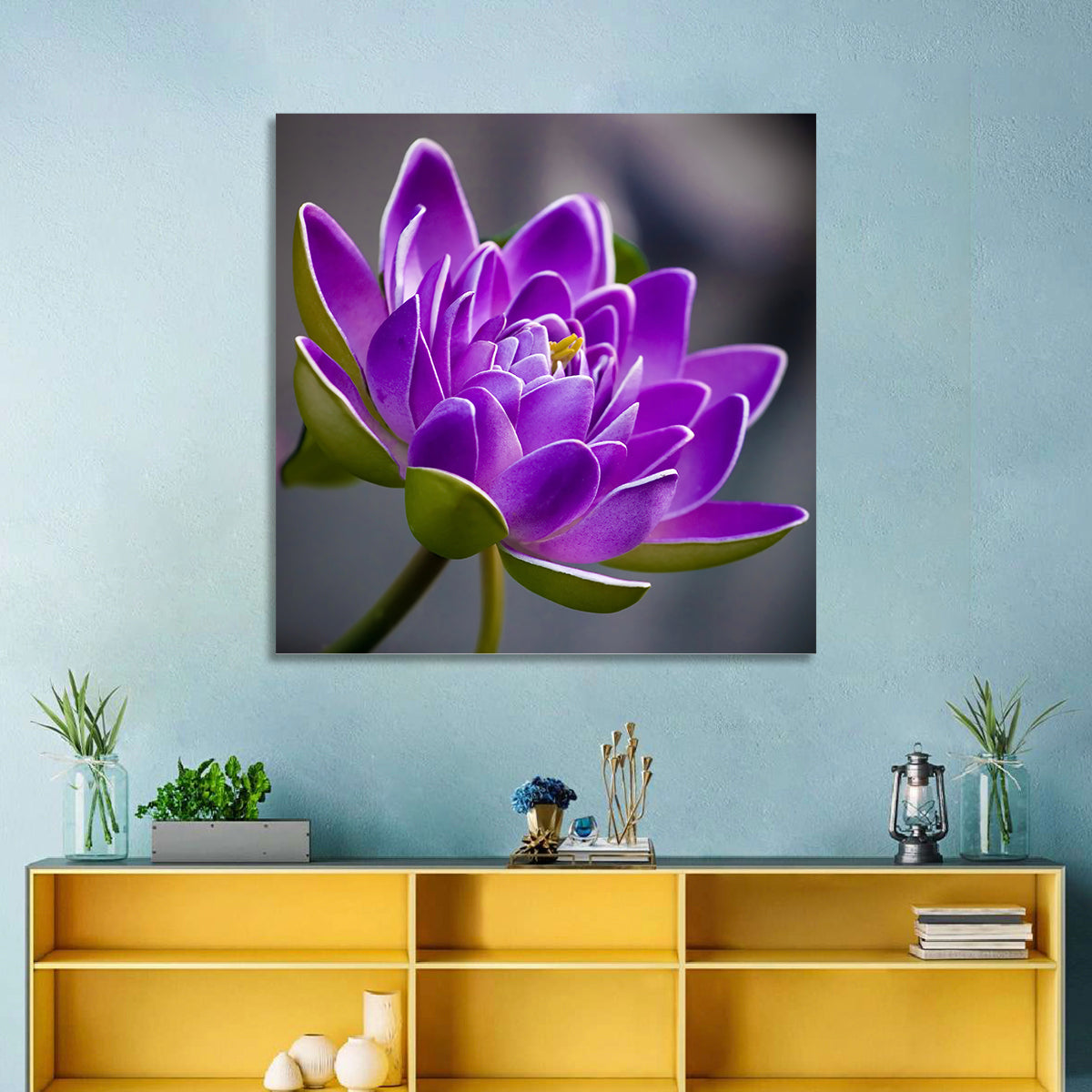 Purple Water Lily Close-up Wall Art in a room, square