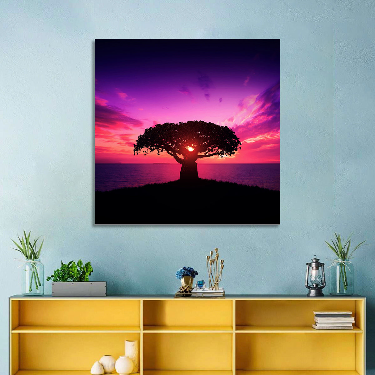 Baobab Sunset Silhouette Wall Art in a room, square