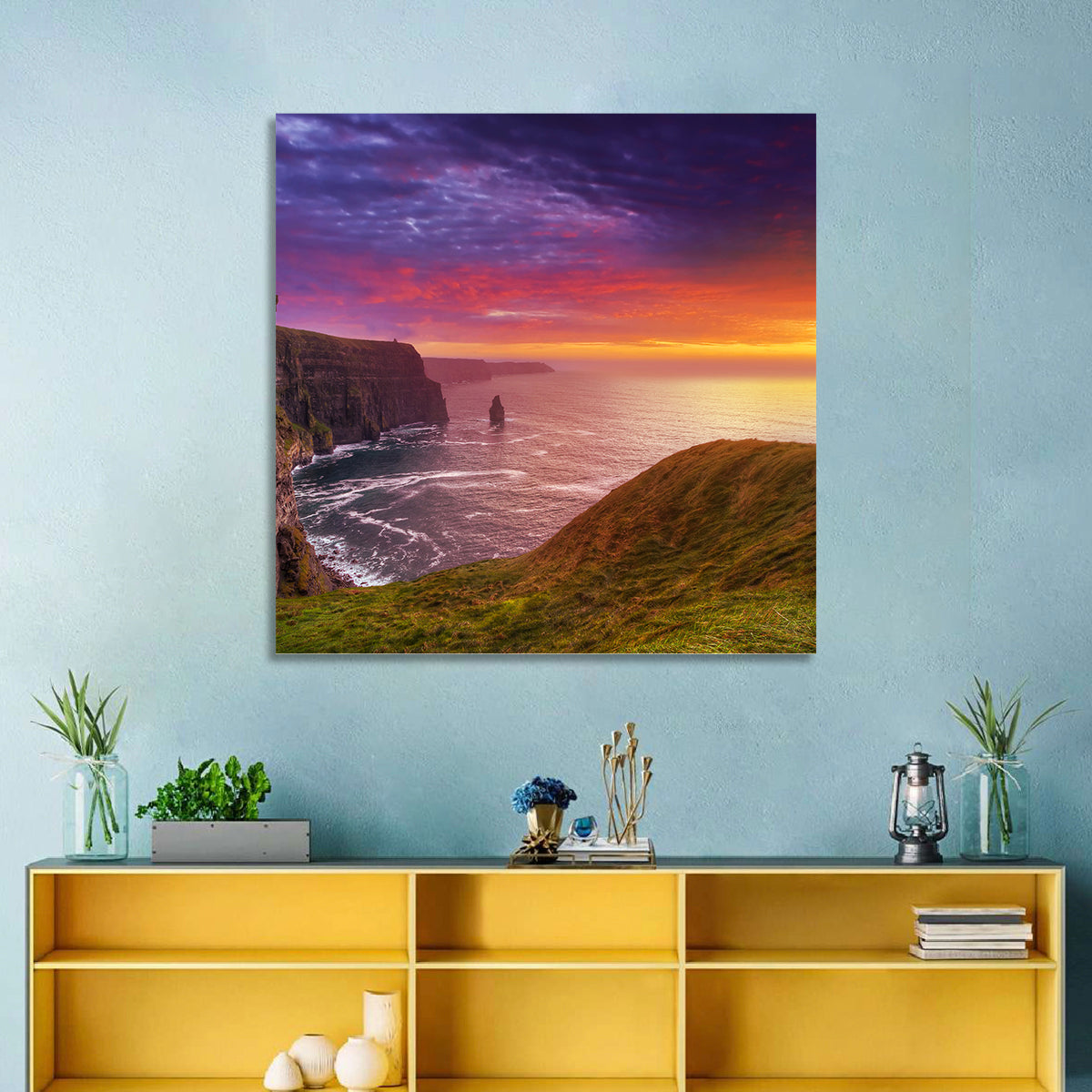Cliffs of Moher Sea Stack at Sunset Wall Art in a room, square