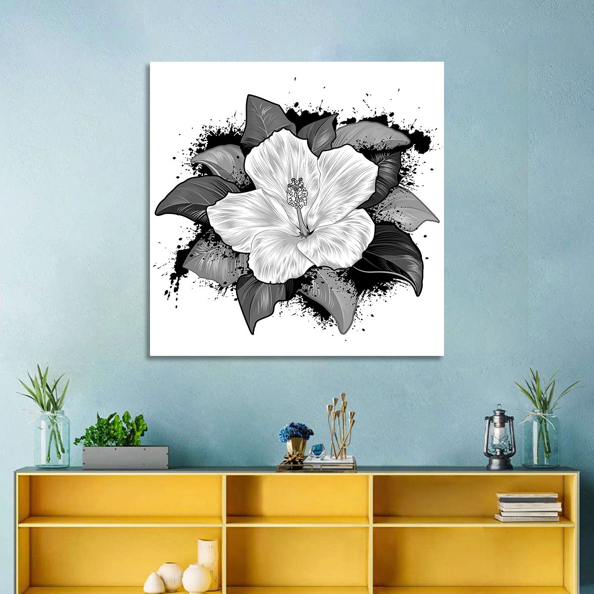 Ink Splatter Hibiscus Illustration Wall Art in a room, square