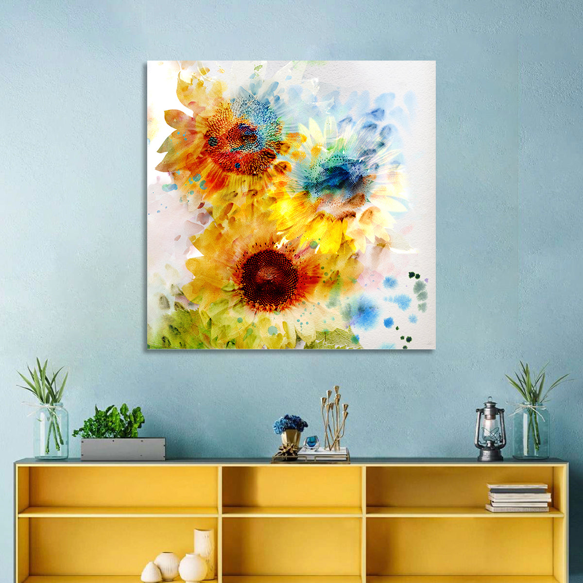Watercolor Sunflower Trio Wall Art in a room, square