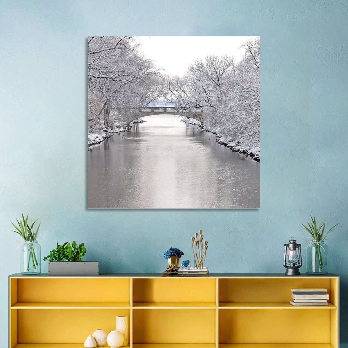 Yahara River Winter Stone Bridge Wall Art in a room, square