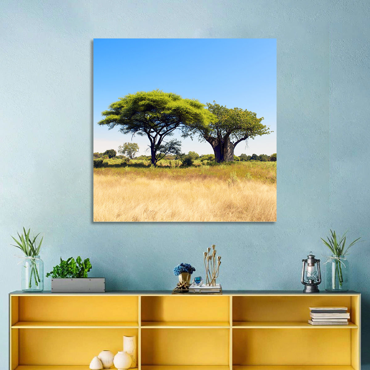Acacia and Baobab Trees Wall Art in a room, square