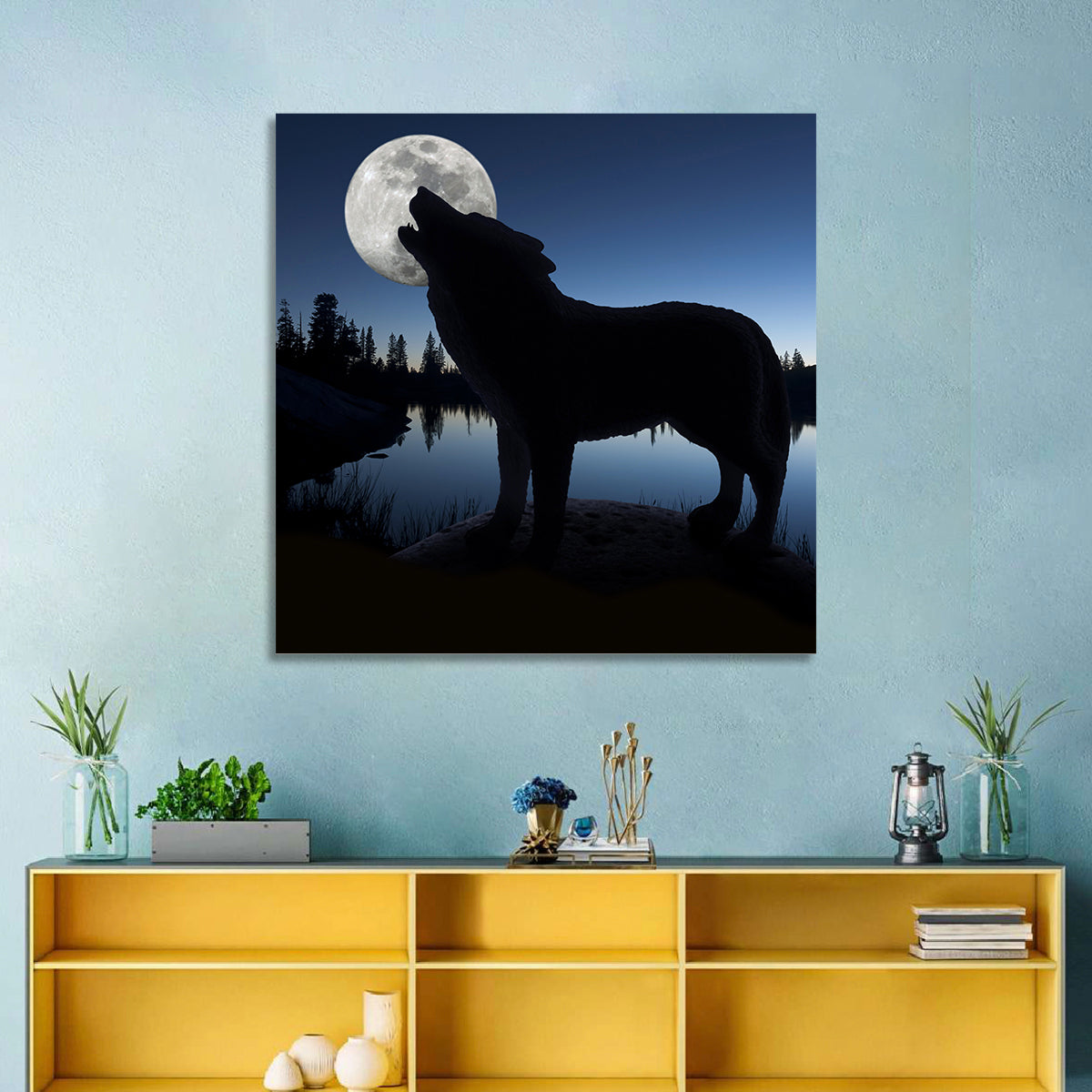 Howling Wolf at Full Moon Wall Art in a room, square