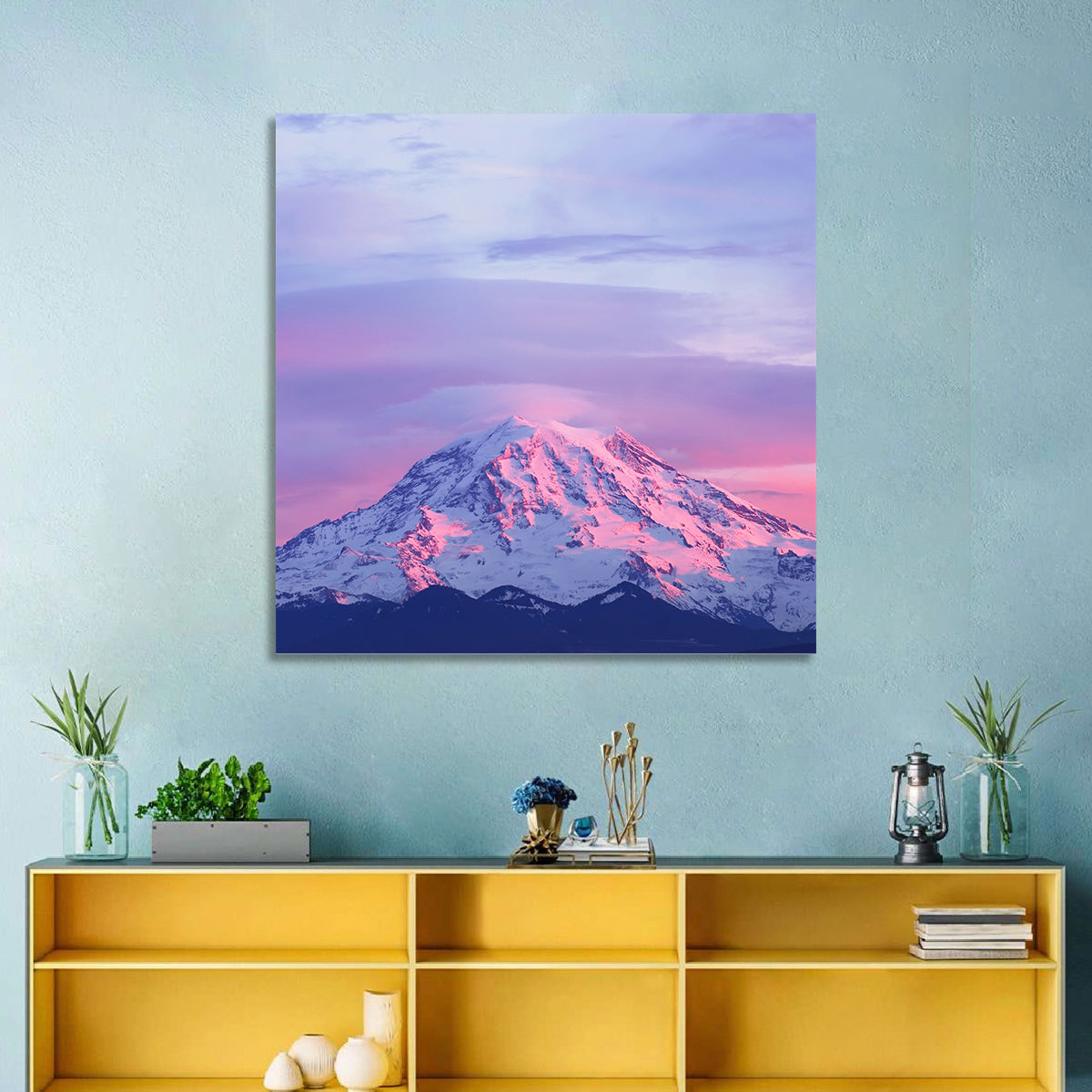 Mount Rainier Alpenglow with Lenticular Cloud Wall Art in a room, square