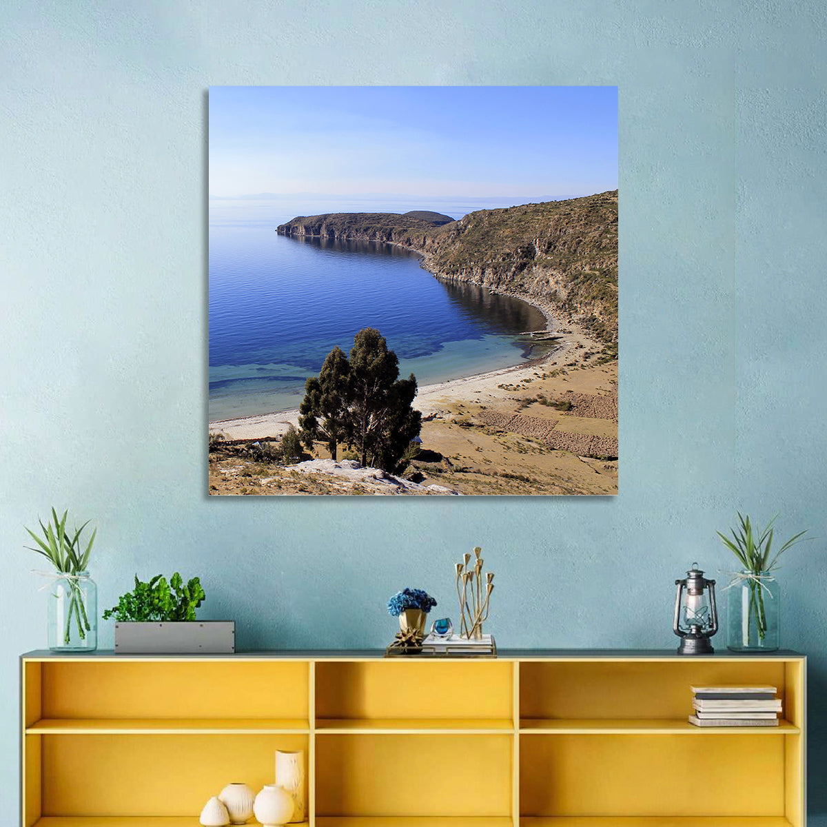 Titicaca Cliffs and Turquoise Water Wall Art in a room, square