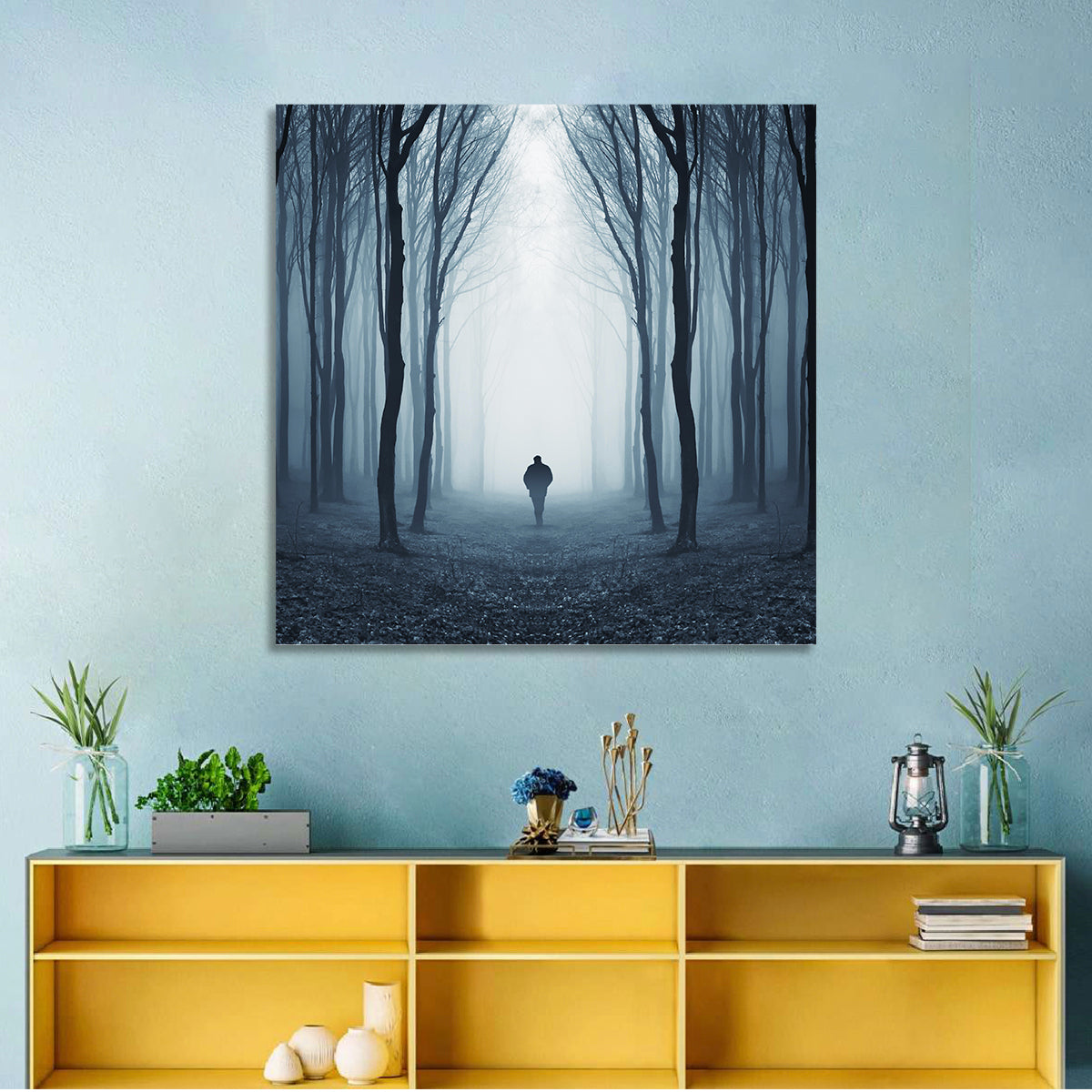 Lone Figure in Misty Forest Wall Art in a room, square