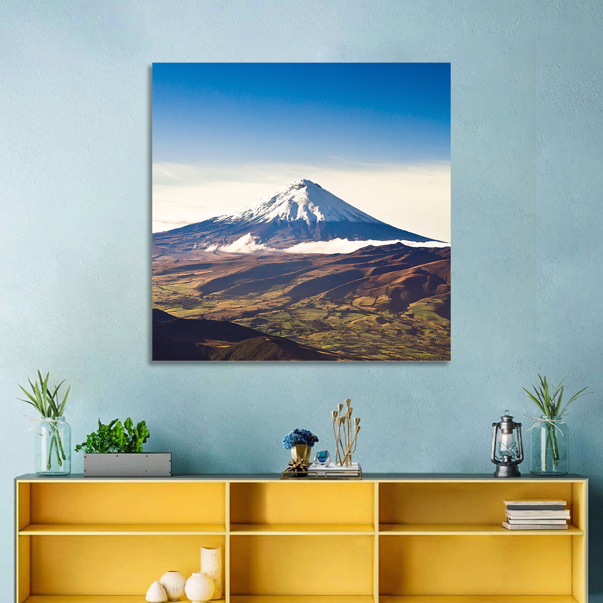 Cotopaxi Volcano Landscape Wall Art in a room, square