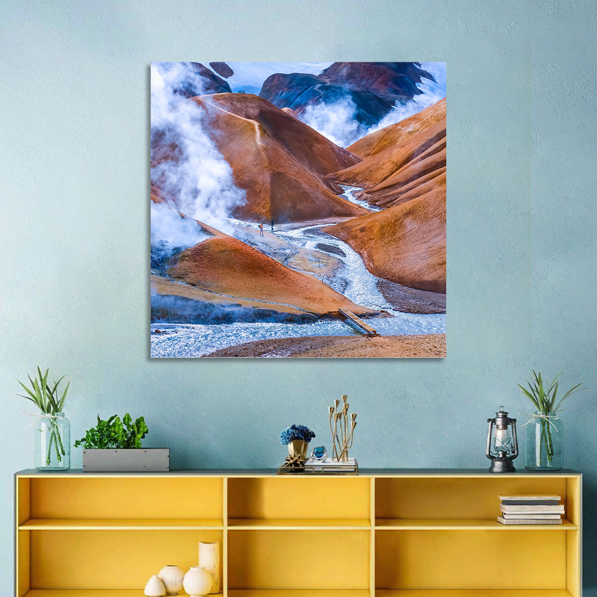 Geothermal Valley with Footbridge Wall Art in a room, square