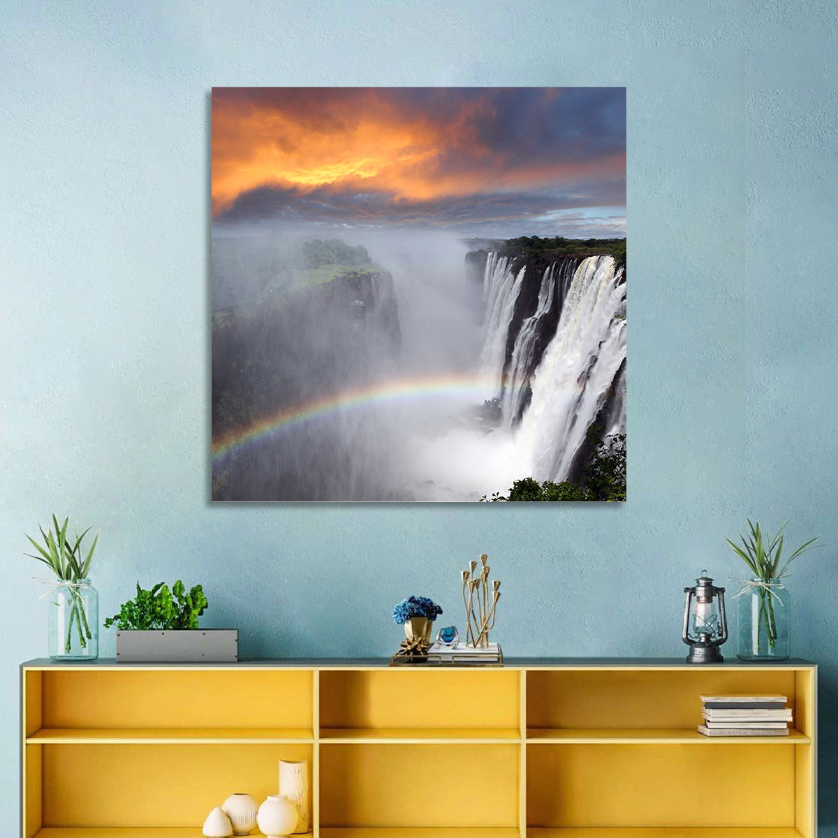 Victoria Falls Rainbow at Dusk Wall Art in a room, square