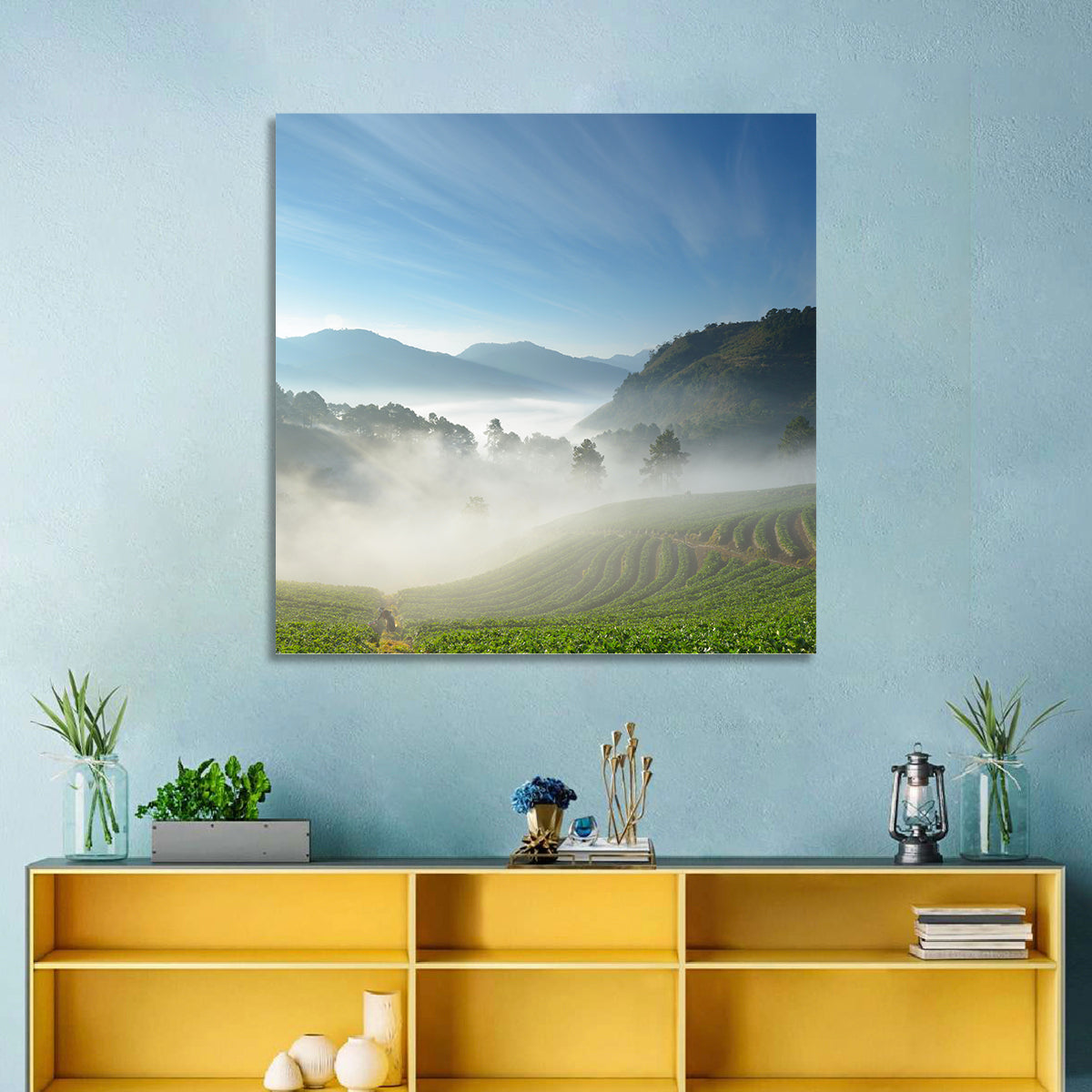 Sunlit Terraced Tea Hills Wall Art in a room, square