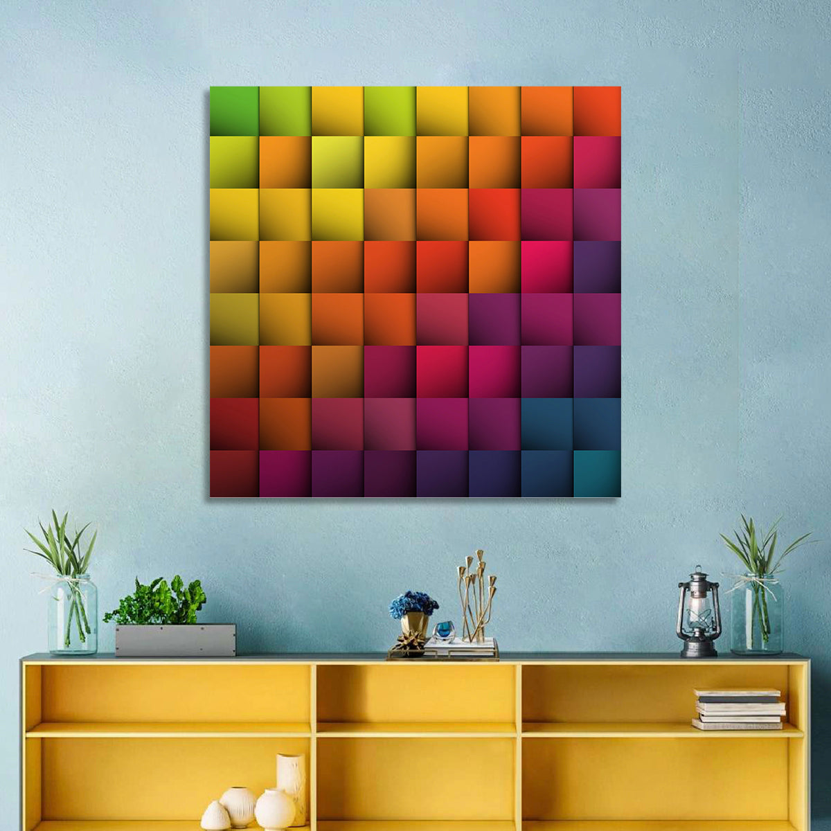 Vibrant Gradient Squares Grid Wall Art in a room, square