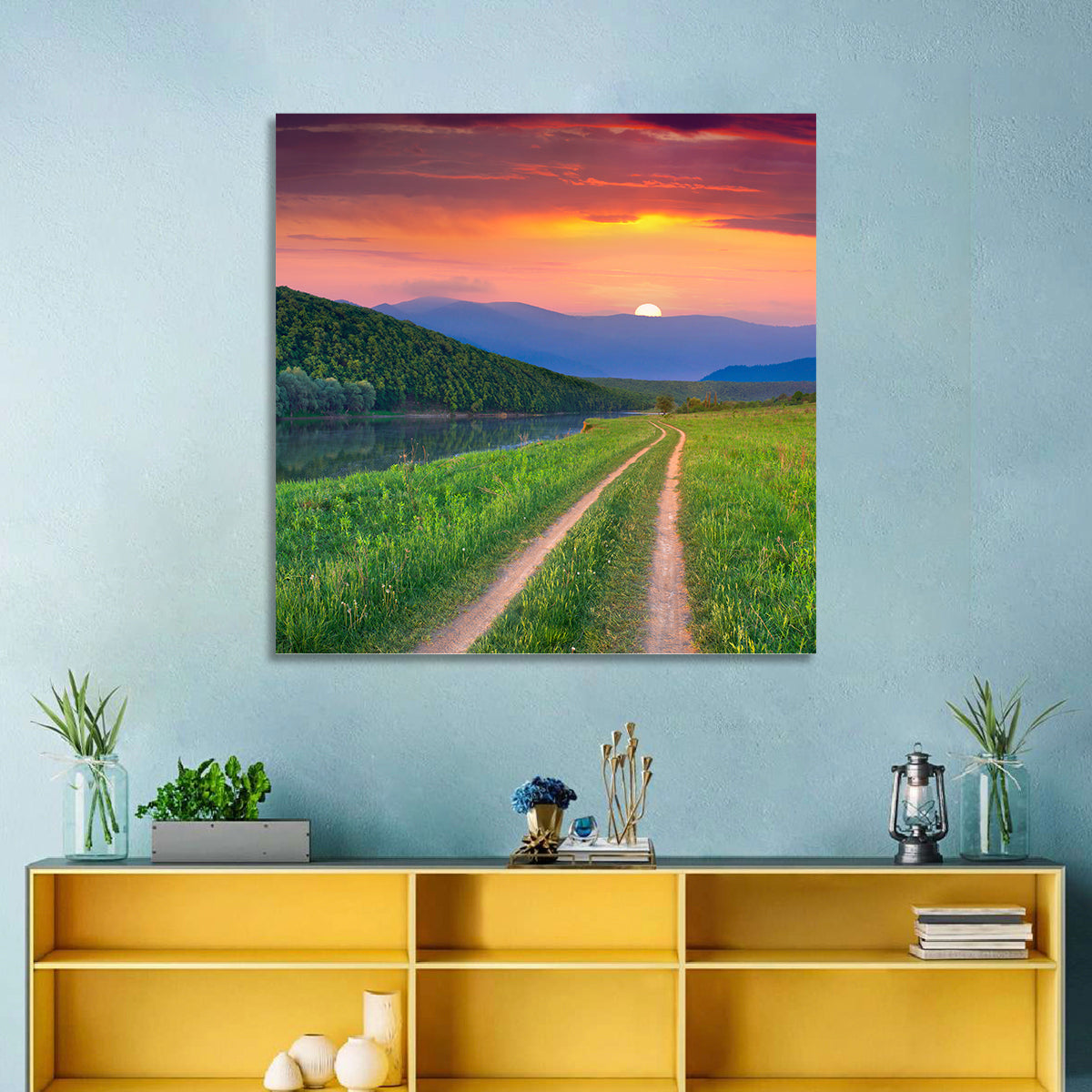 Sunset Path to Mountain Lake Wall Art in a room, square