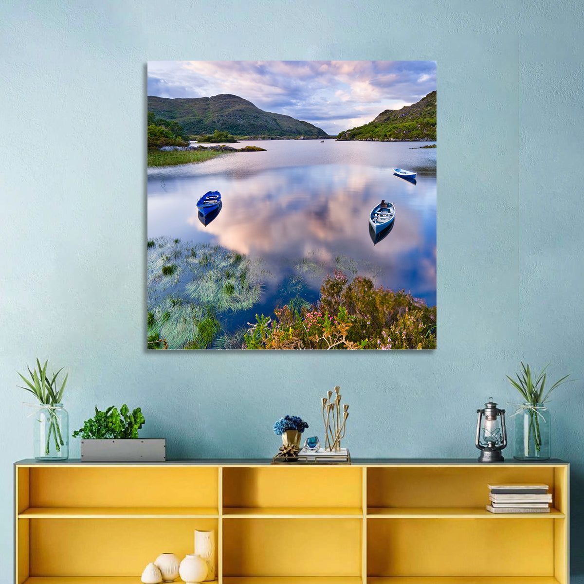 Lough Leane Rowboats at Dusk Wall Art in a room, square