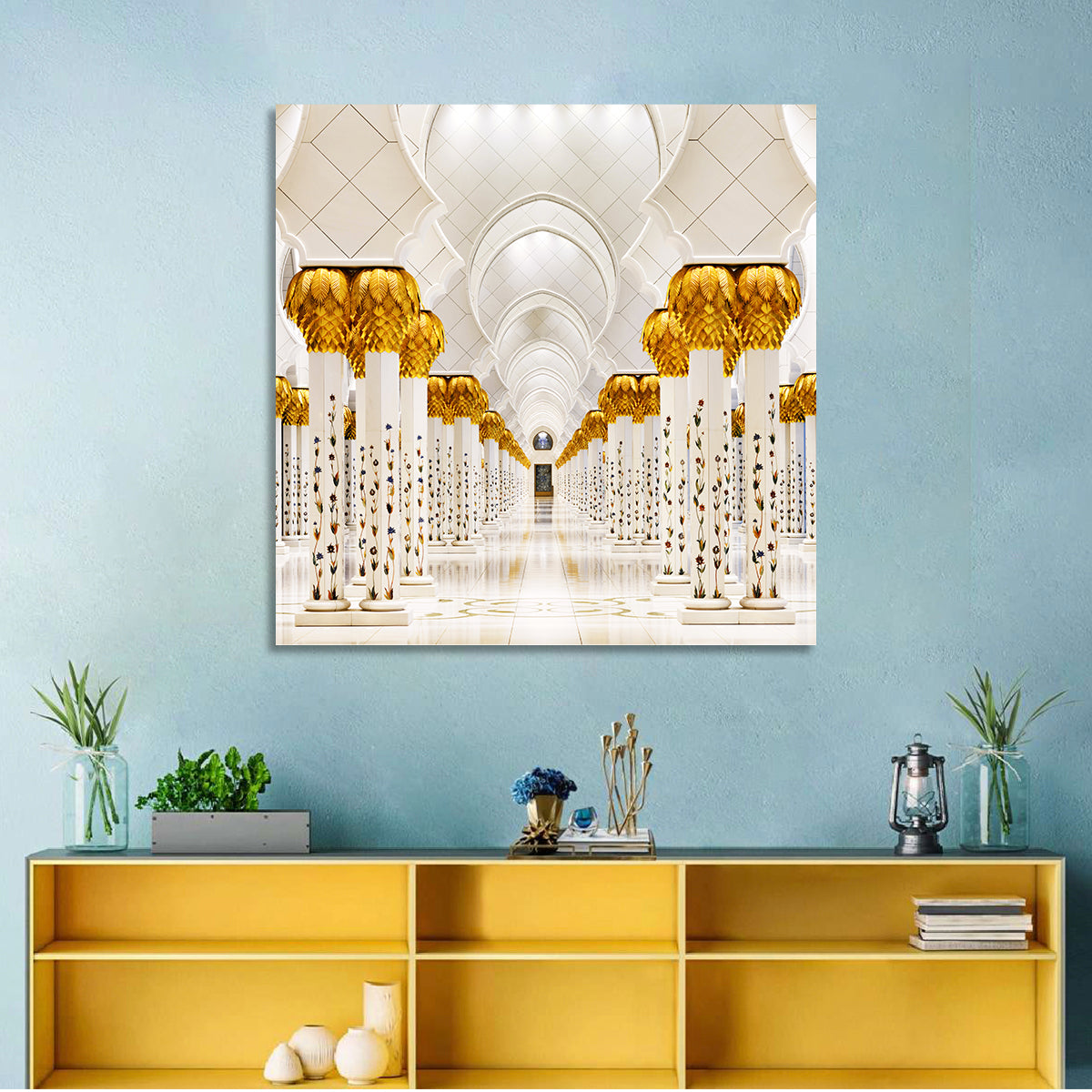 Sheikh Zayed Grand Mosque Colonnade Wall Art in a room, square