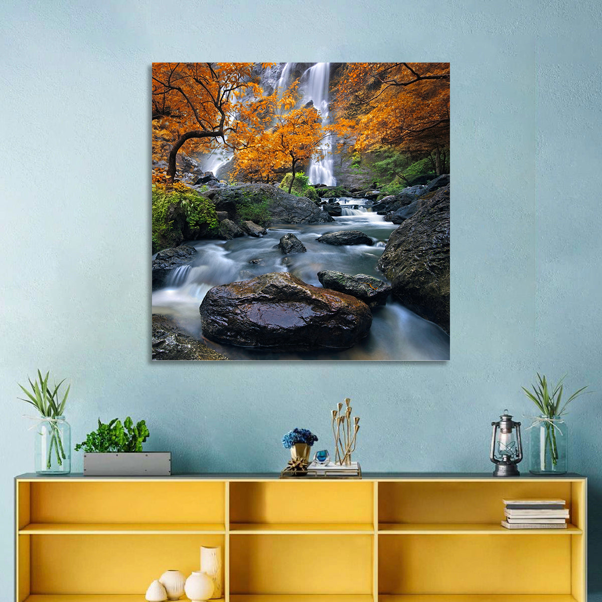 Konglan Autumn Waterfall Wall Art in a room, square