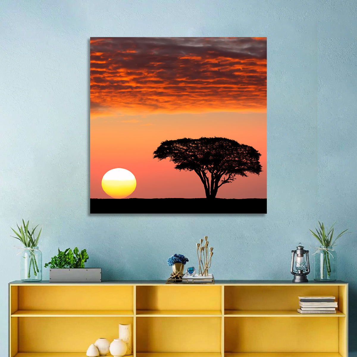 Serengeti Sunset Silhouette Wall Art in a room, square