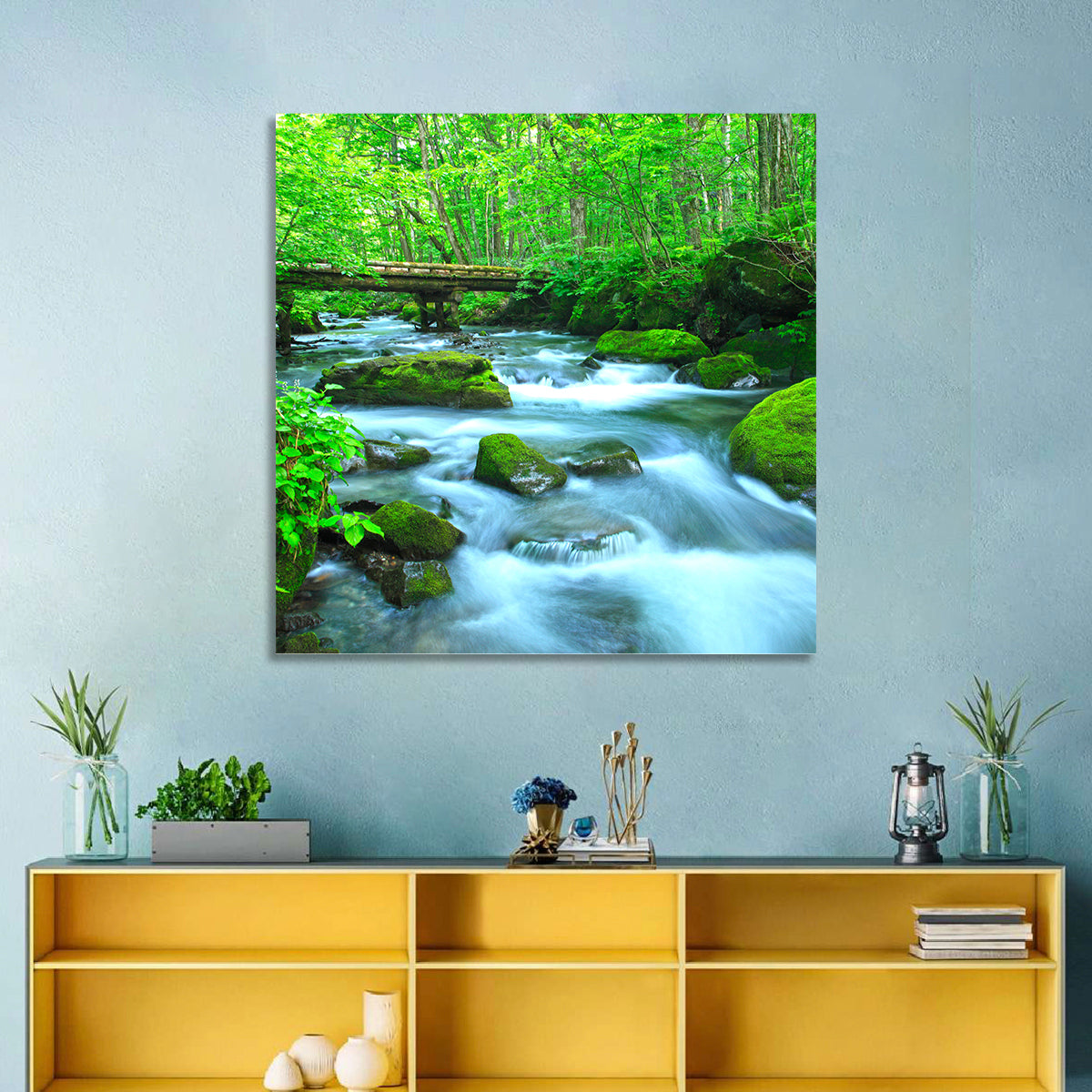 Mossy Forest Stream Wall Art in a room, square