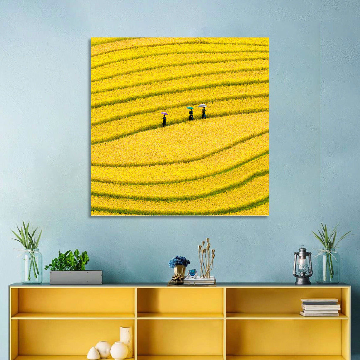Golden Rice Terraces with Umbrellas Wall Art in a room, square