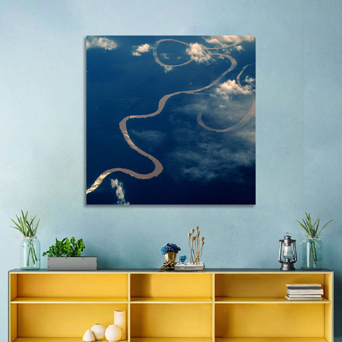Sunlit Meander of the Amazon River Wall Art in a room, square