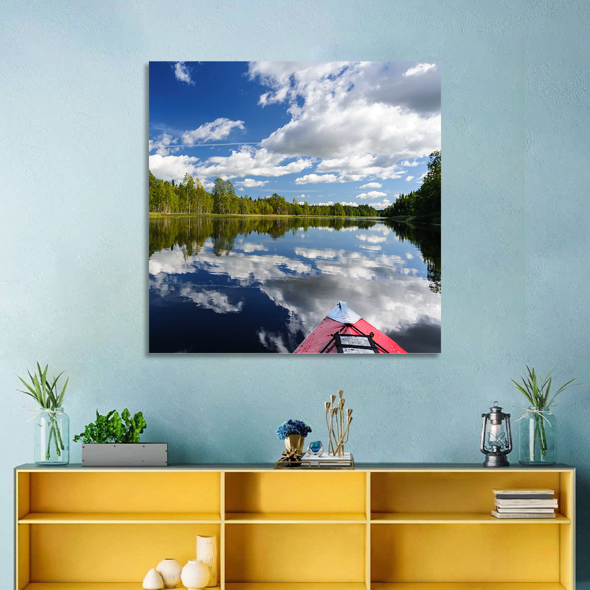 Karelia Kayak Reflection Wall Art in a room, square