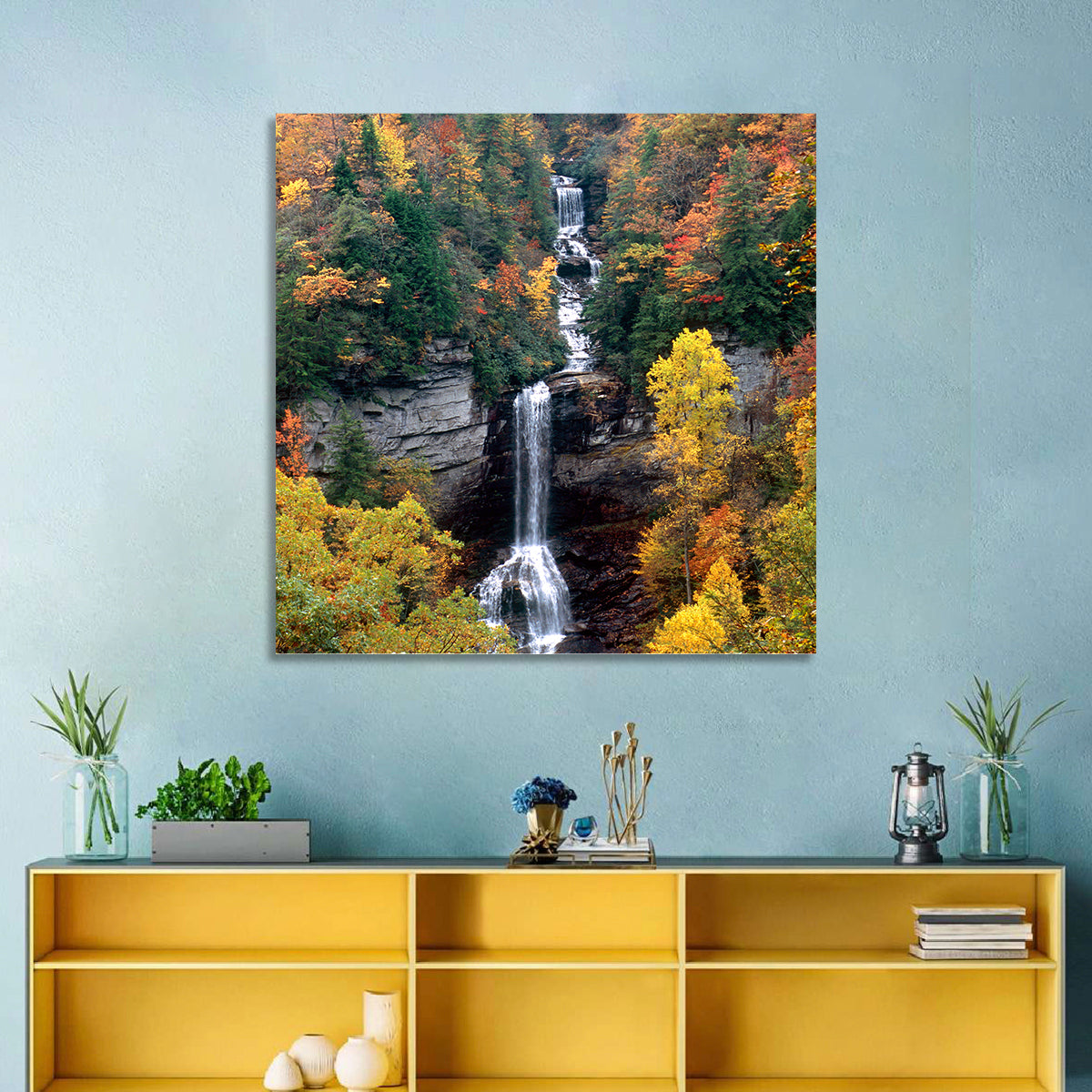 Raven Cliff Waterfall Wall Art in a room, square